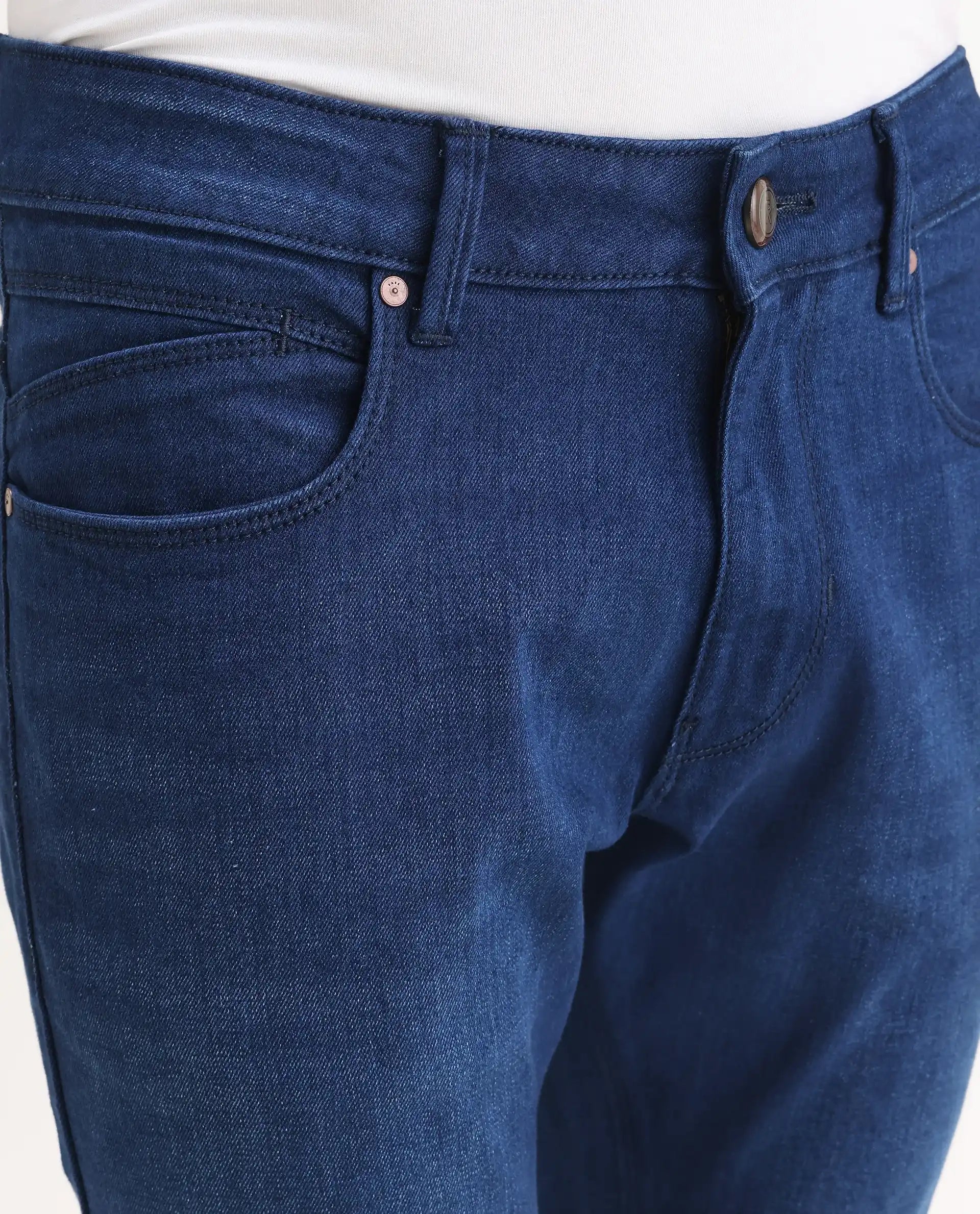 Rare Rabbit Men's River Blue Cotton Blend Fabric Hawk Slim Fit Plain Jeans