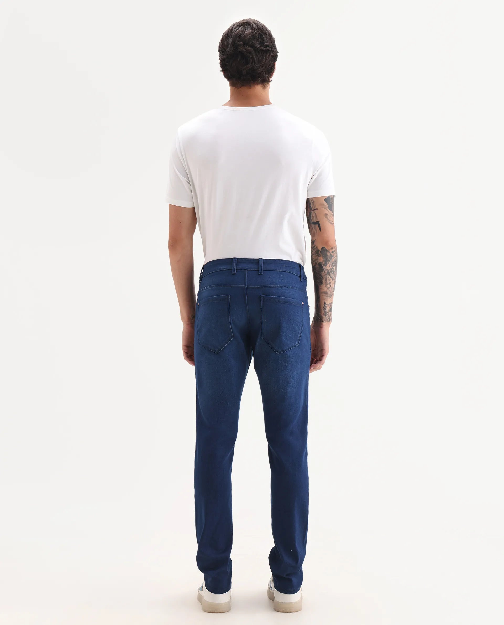 Rare Rabbit Men's River Blue Cotton Blend Fabric Hawk Slim Fit Plain Jeans