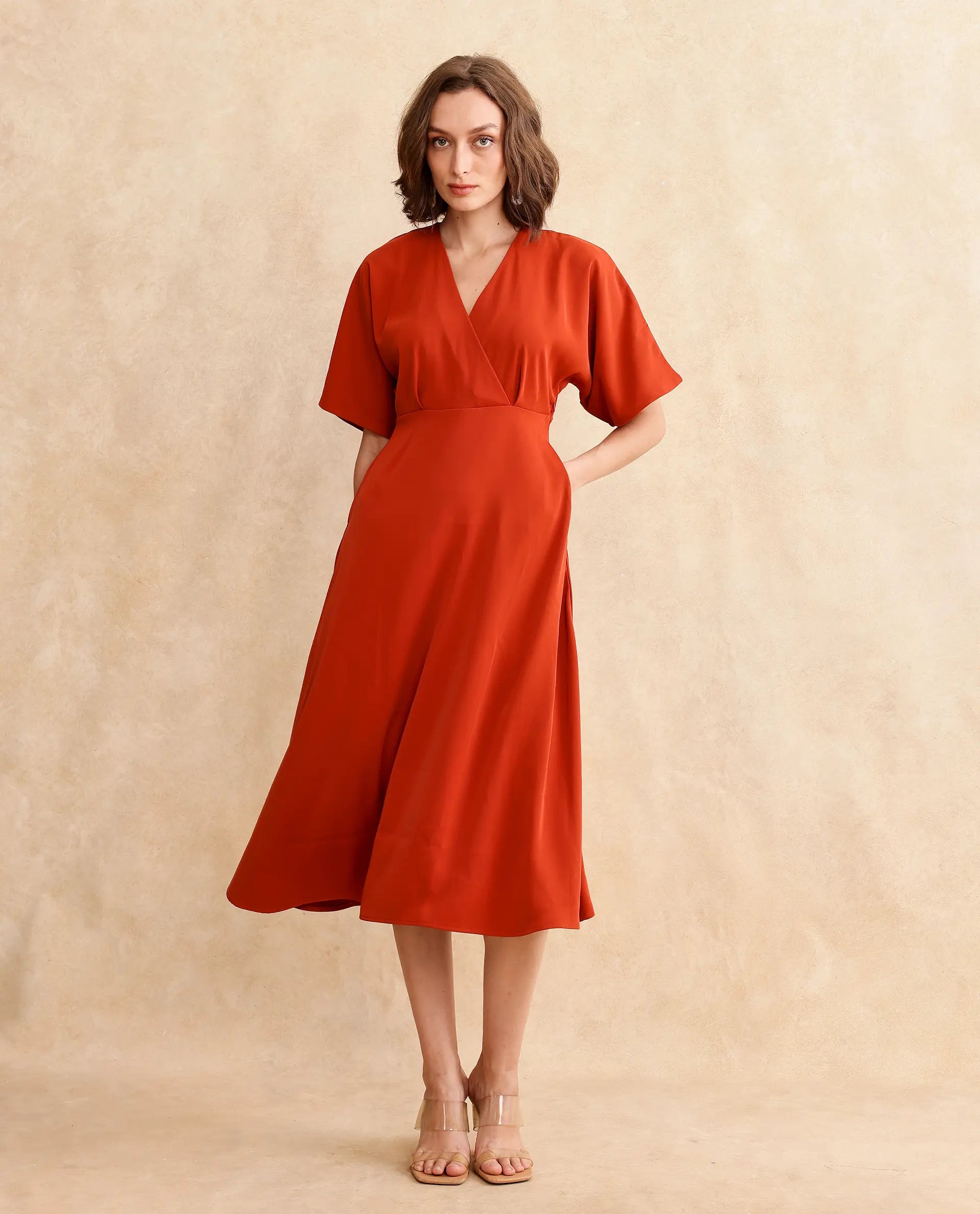 Buy Rivez - Rust Plain Midi Dress| Rareism Buy Rivez - Rust Plain Midi Dress| Rareism
