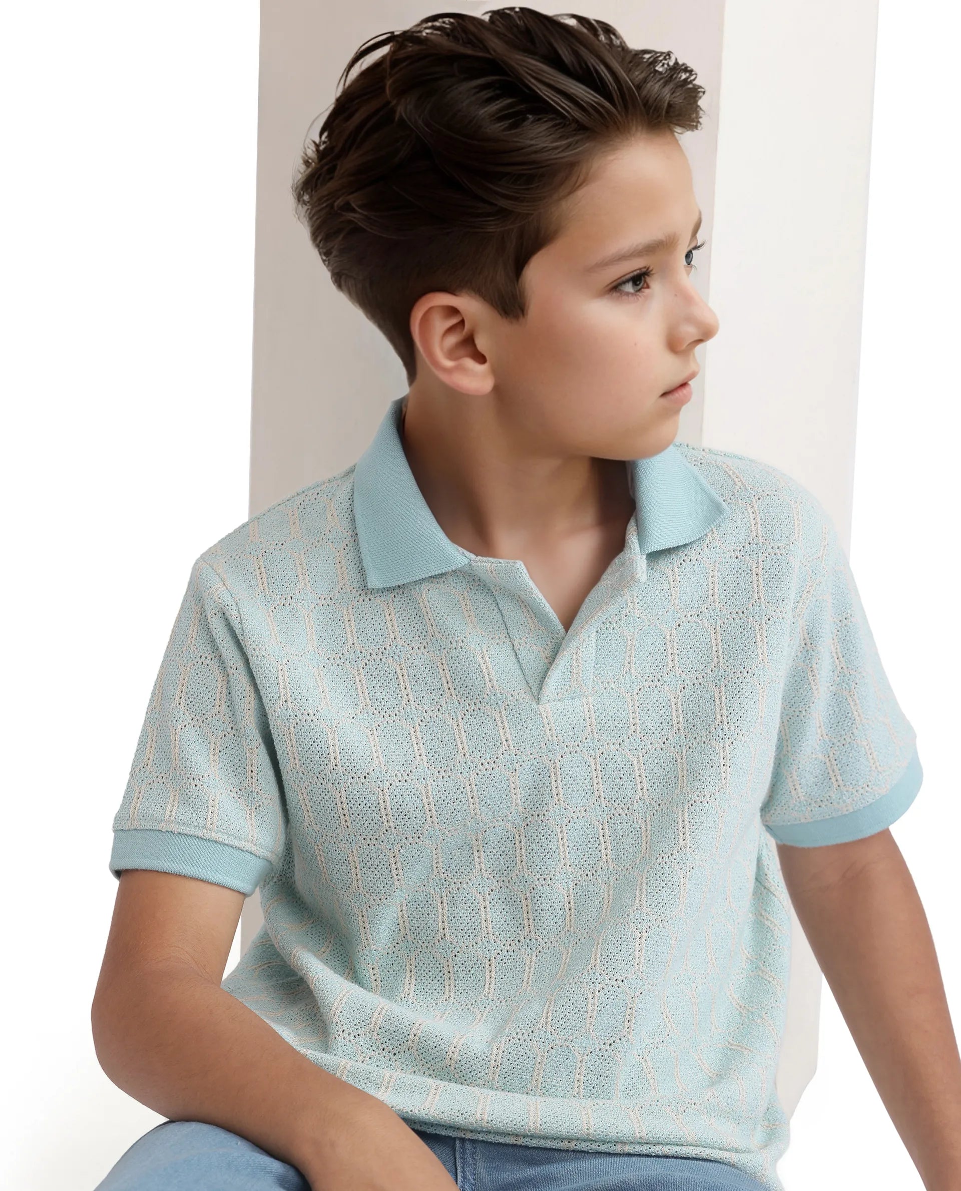 Rare Ones Kids Rivo Light Blue Cotton Blend Half Sleeve Solid Polo