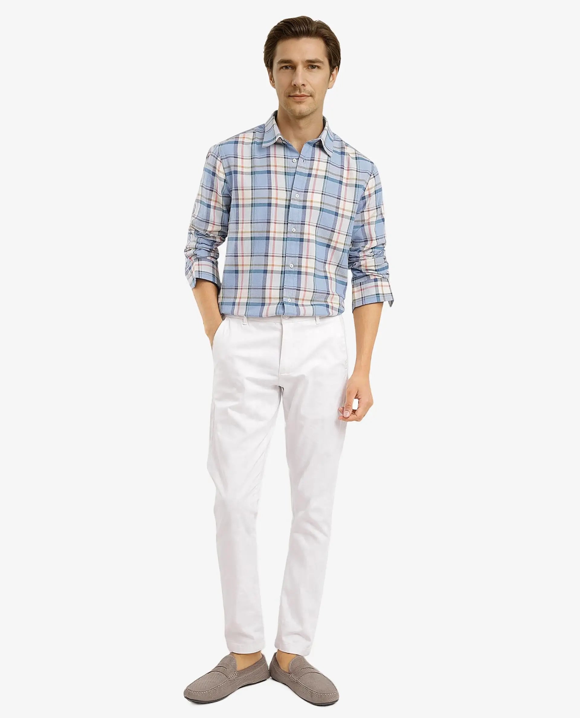 Rare Rabbit Men Rix Light Blue Full Sleeve Regular Collar Button Closure Regular Fit Checks Shirt