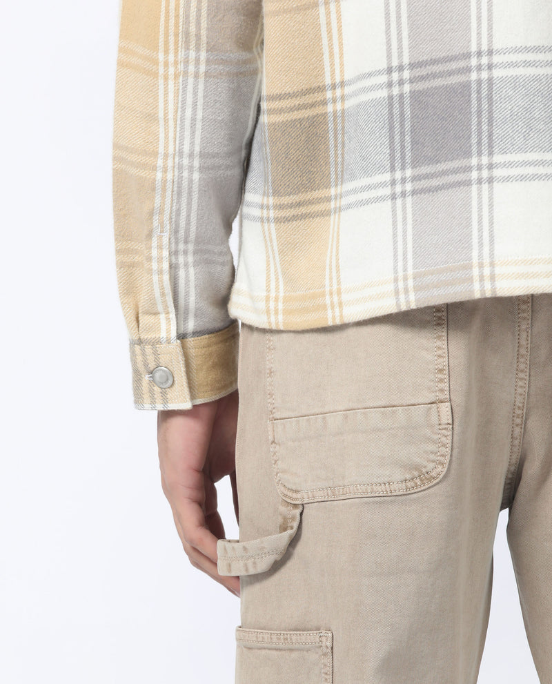 Rare Rabbit Men's Rizo Light Brown Cotton Fabric Full Sleeves Zip Closure Twill Checks Shacket