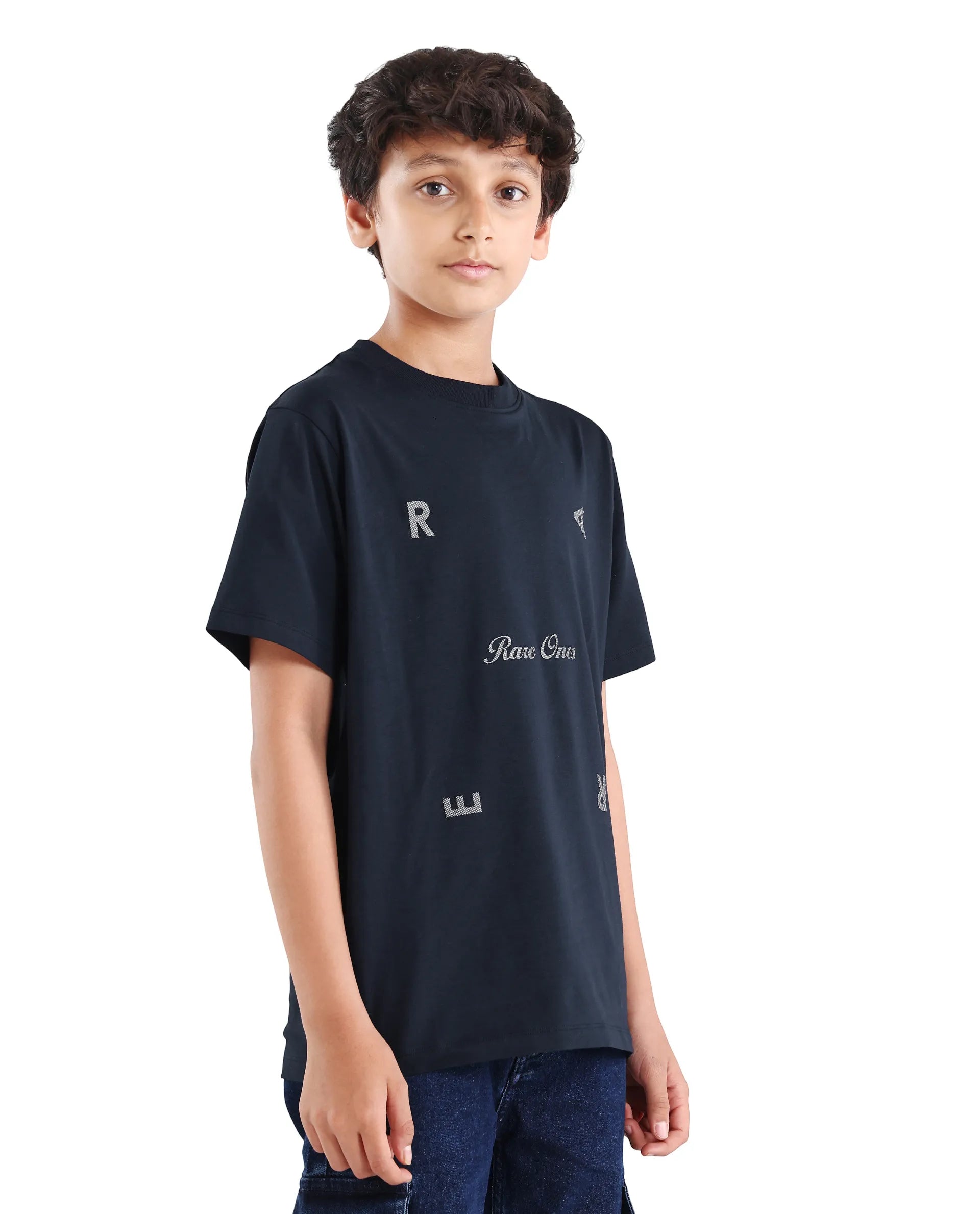 Rare Ones Kids Rizz Dark Navy Cotton Blend Pull-On Closure Badge Applique Regular Fit T-Shirt