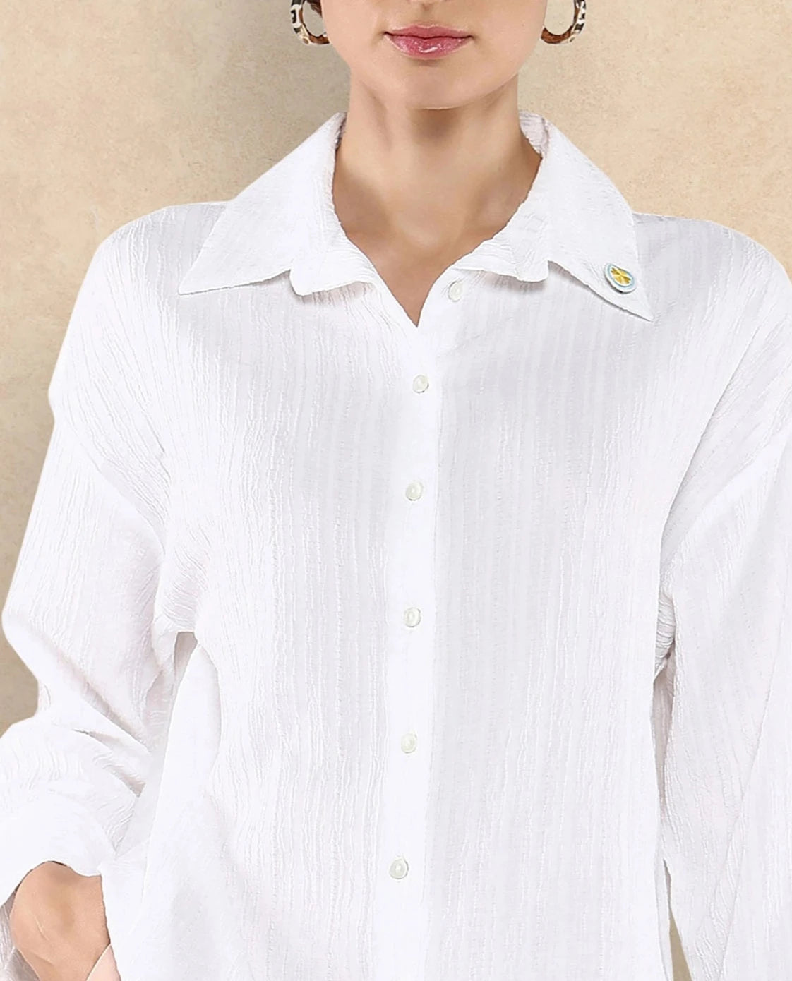 Rareism Women Roag White Cuffed Sleeves Collared Neck Plain Shirt