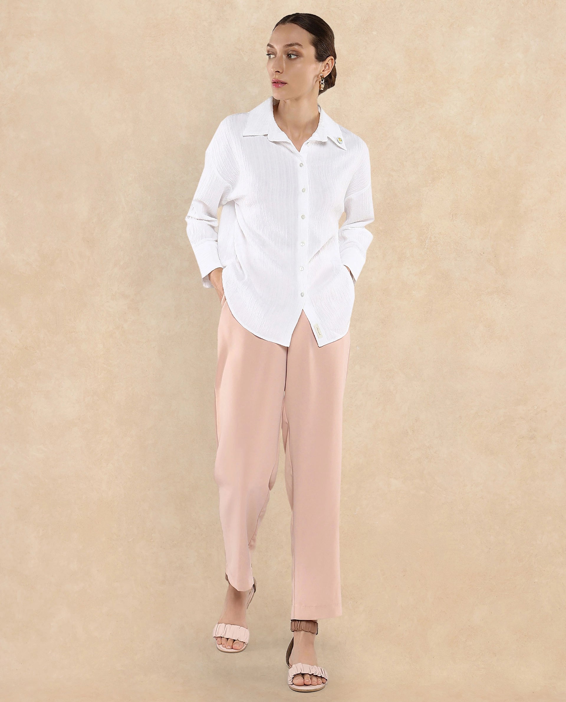 Rareism Women Roag White Cuffed Sleeves Collared Neck Plain Shirt