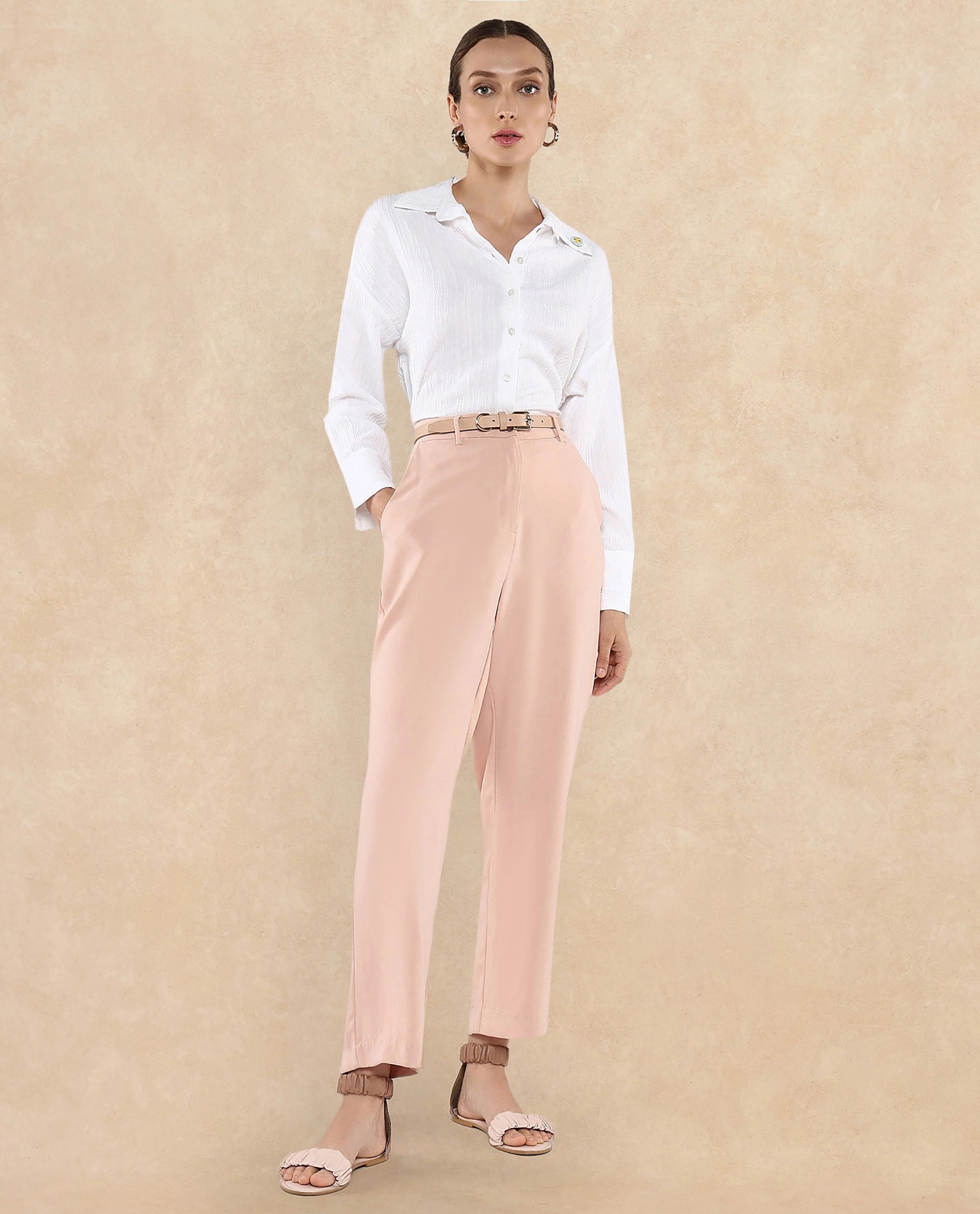 Rareism Women Roag White Cuffed Sleeves Collared Neck Plain Shirt