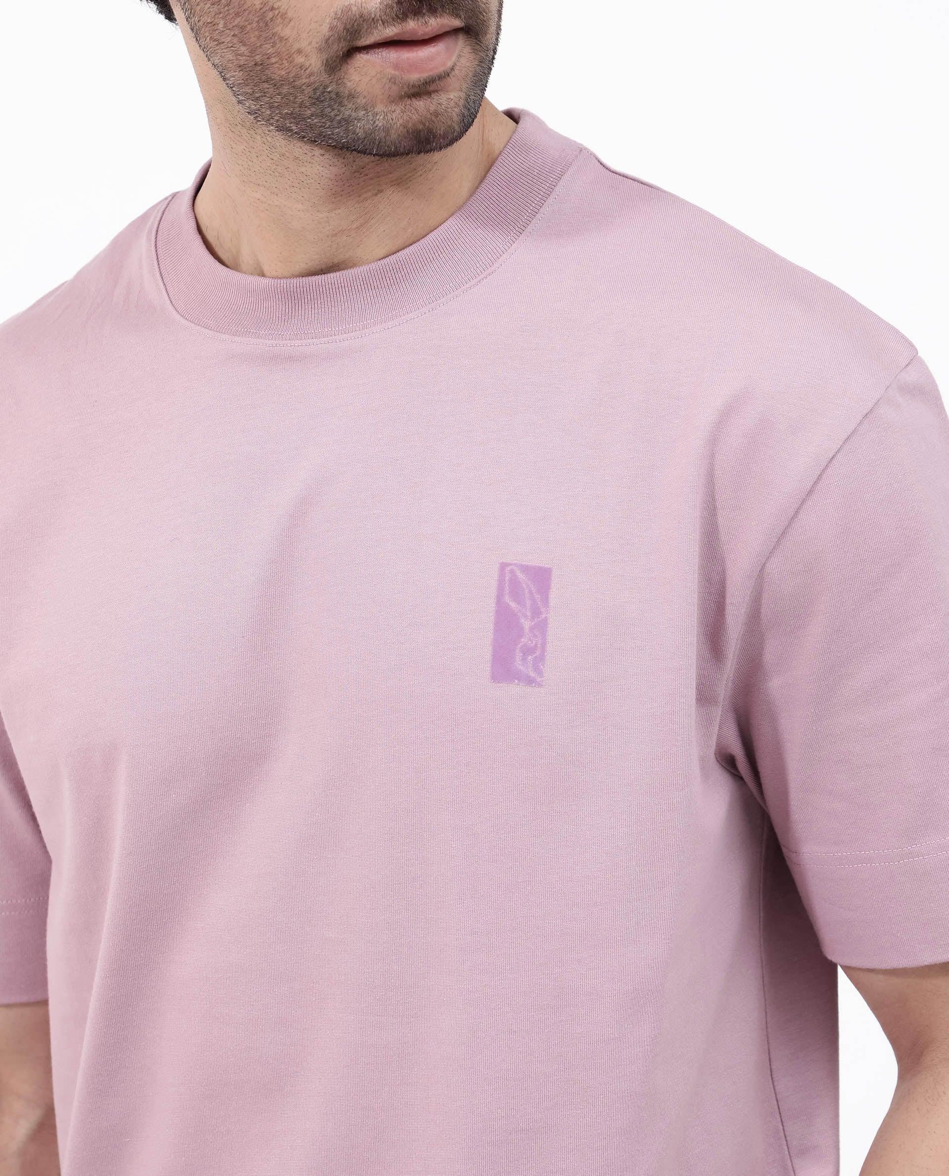 Rare Rabbit Articale Mens Roan Dusky Pink Cotton Polyester Fabric Short Sleeve Crew Neck Oversized Fit Graphic Printed T-Shirt