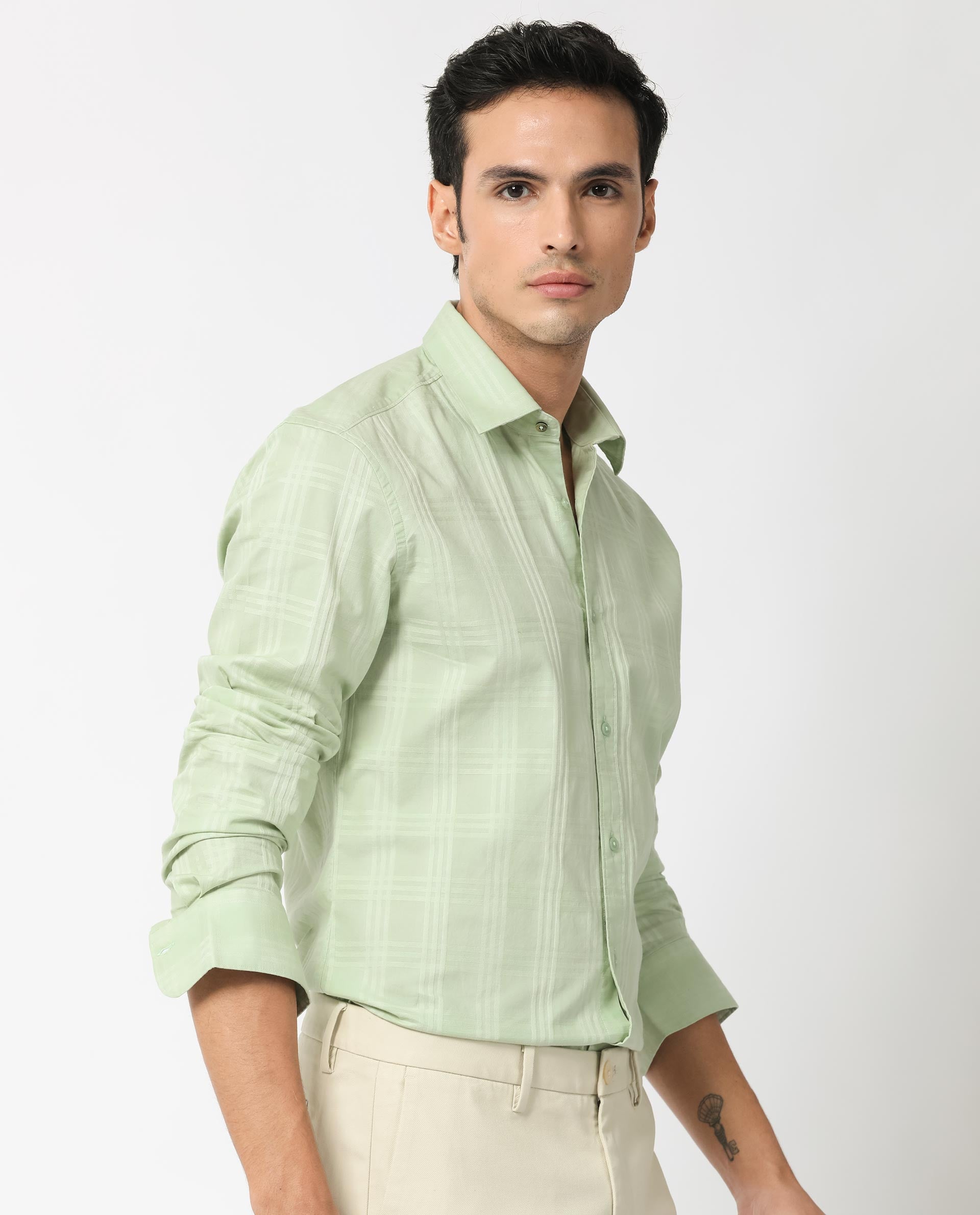 Rare Rabbit Men's Roar Pastel Green Cotton Fabric Full Sleeves Checks Shirt