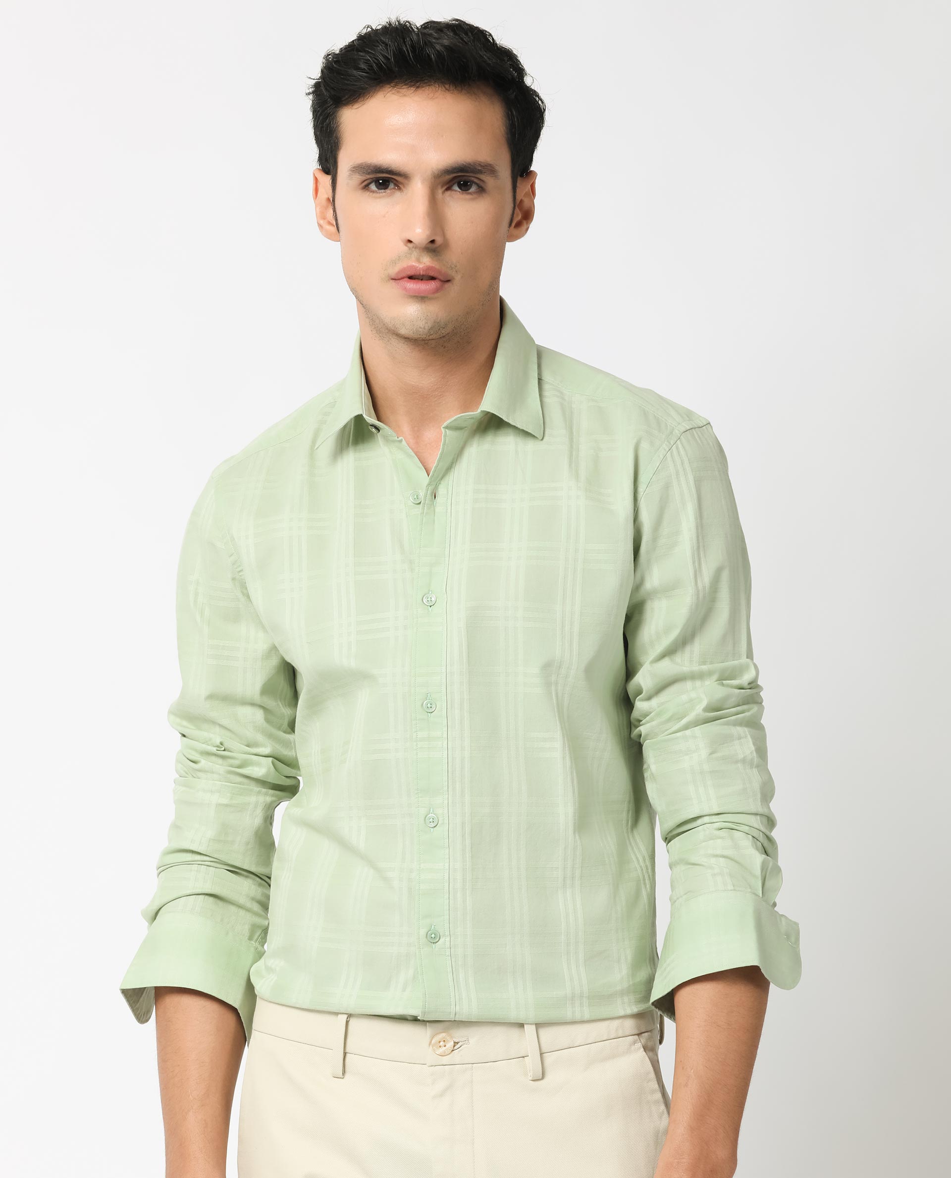 Rare Rabbit Men's Roar Pastel Green Cotton Fabric Full Sleeves Checks Shirt