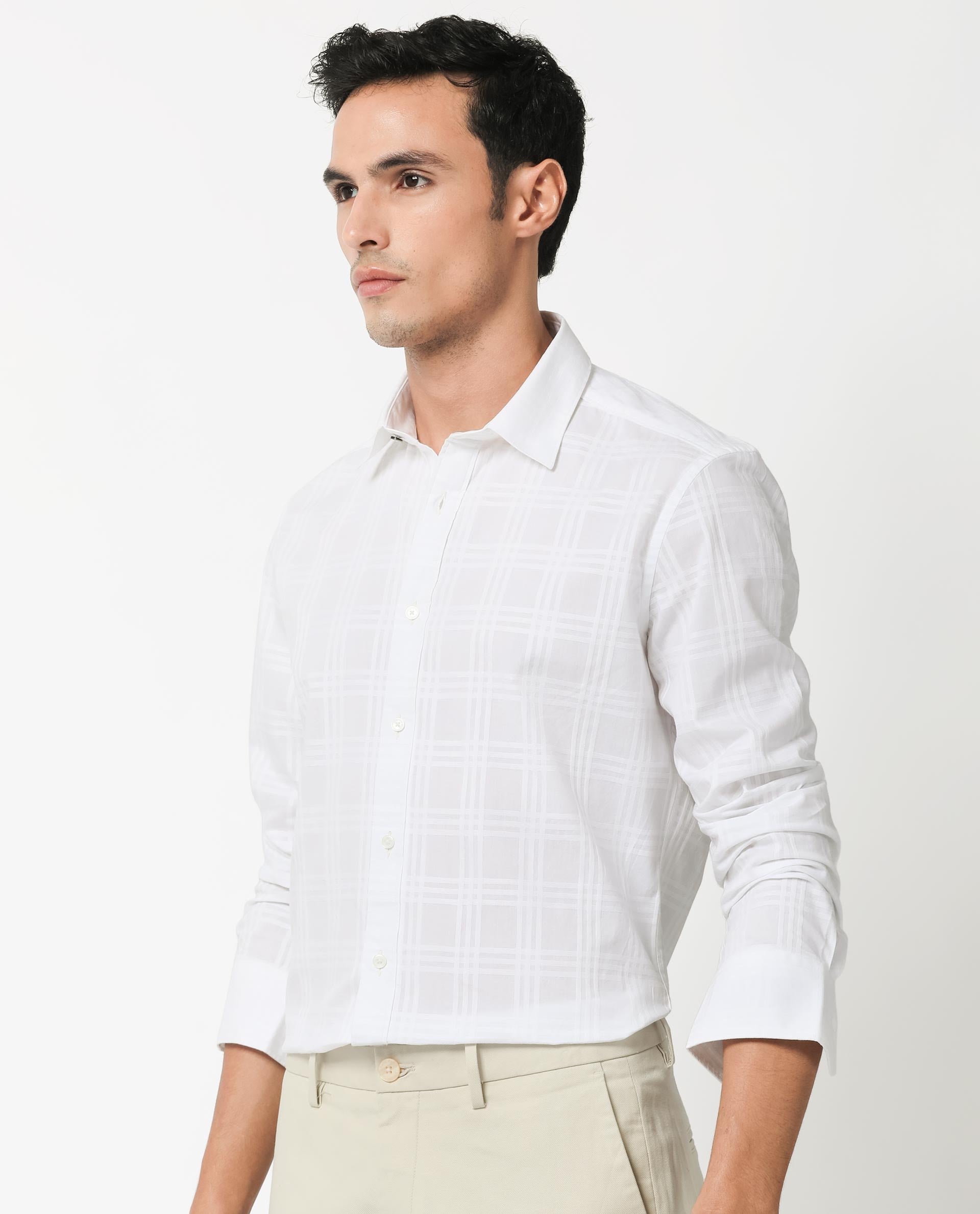 Rare Rabbit Men's Roar White Cotton Fabric Full Sleeves Checks Shirt