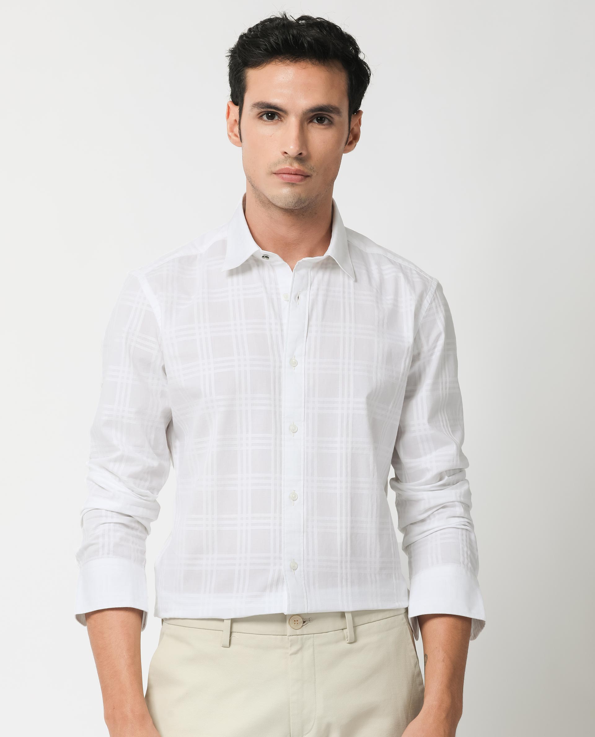 Rare Rabbit Men's Roar White Cotton Fabric Full Sleeves Checks Shirt