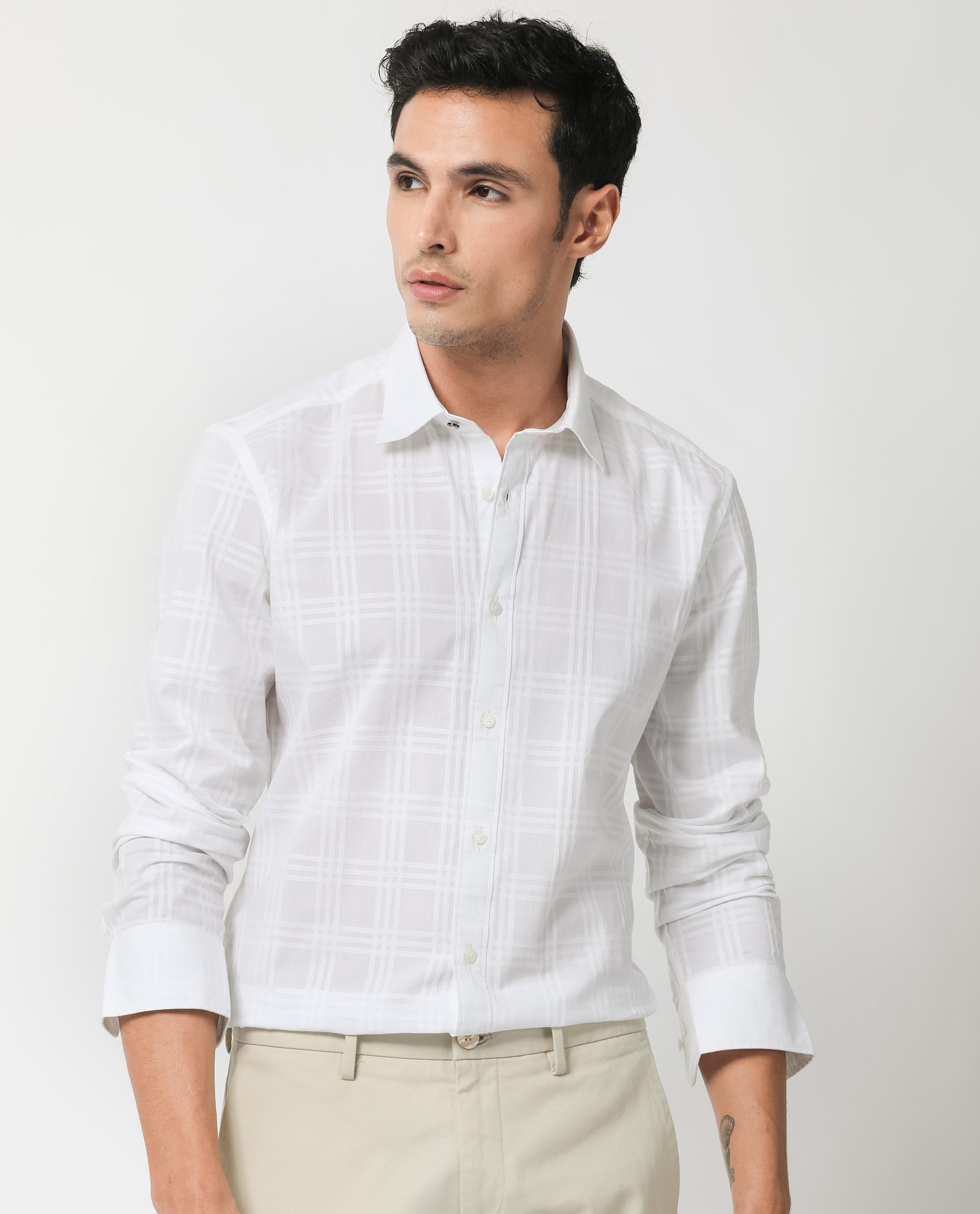 Rare Rabbit Men's Roar White Cotton Fabric Full Sleeves Checks Shirt