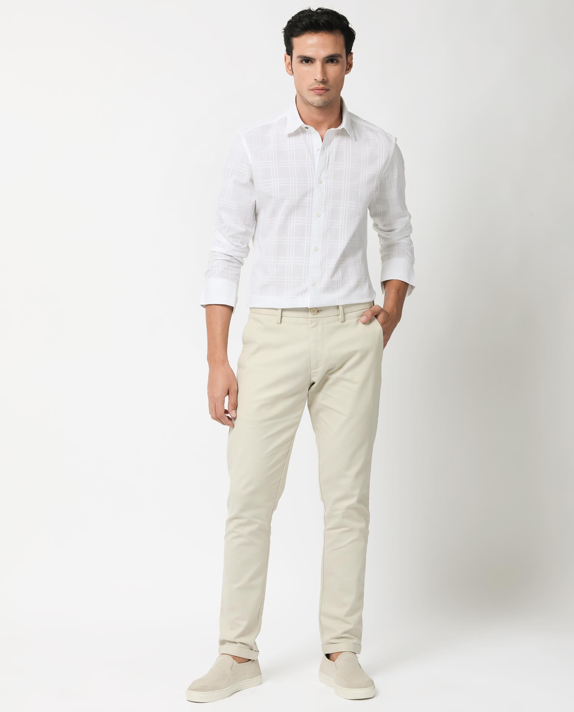 Rare Rabbit Men's Roar White Cotton Fabric Full Sleeves Checks Shirt