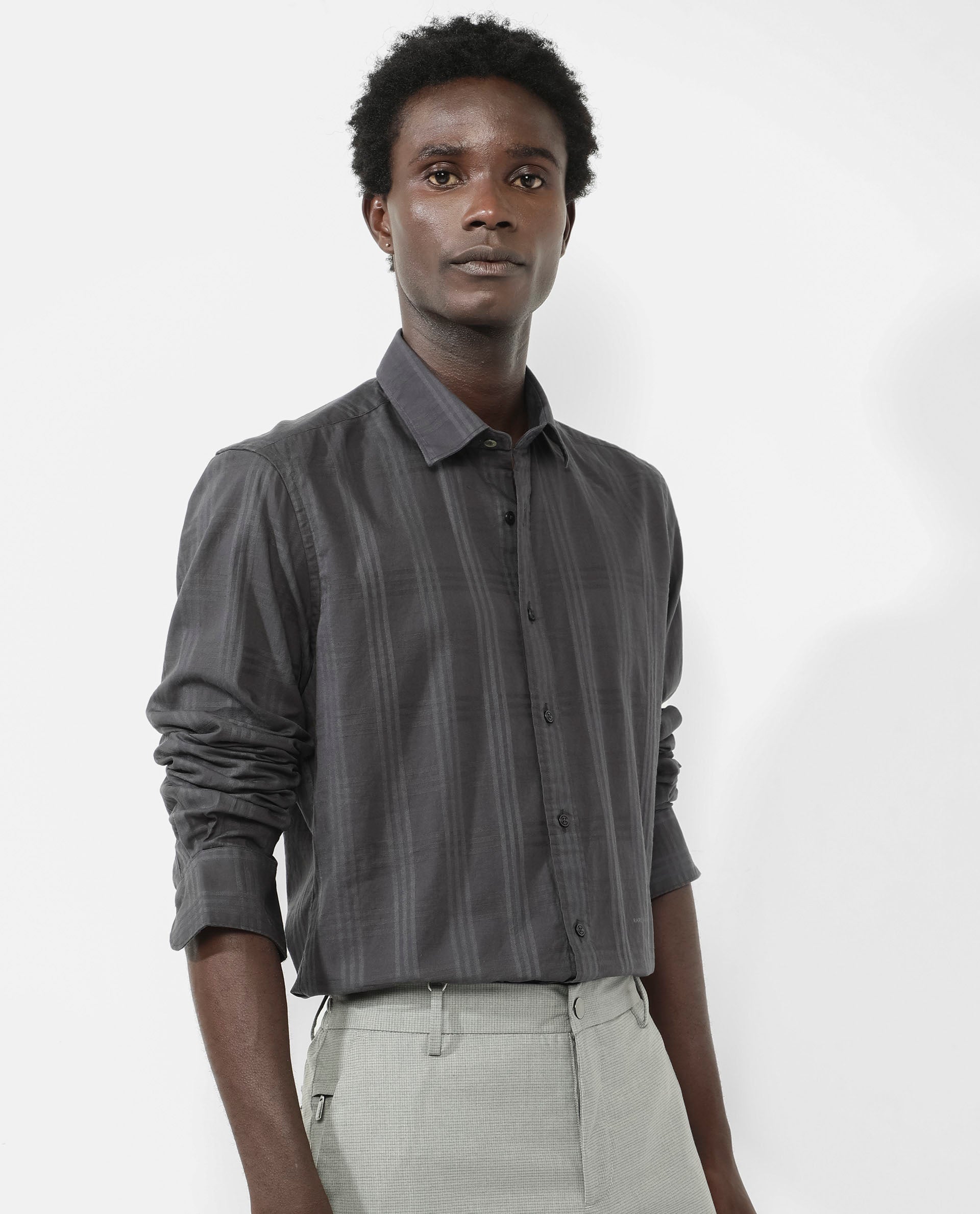 Rare Rabbit Men's Roar Dark Grey Cotton Fabric Full Sleeves Collared Neck Checks Shirt