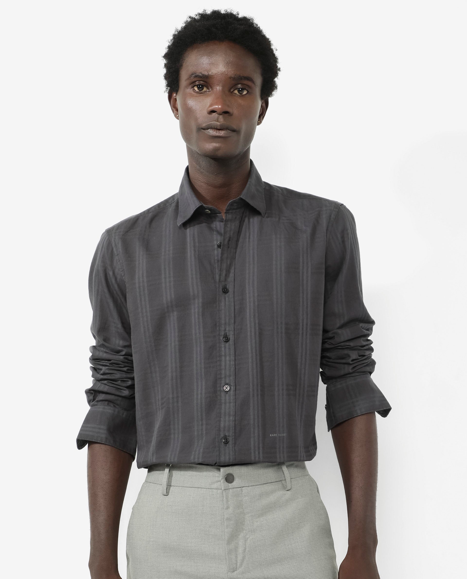 Rare Rabbit Men's Roar Dark Grey Cotton Fabric Full Sleeves Collared Neck Checks Shirt