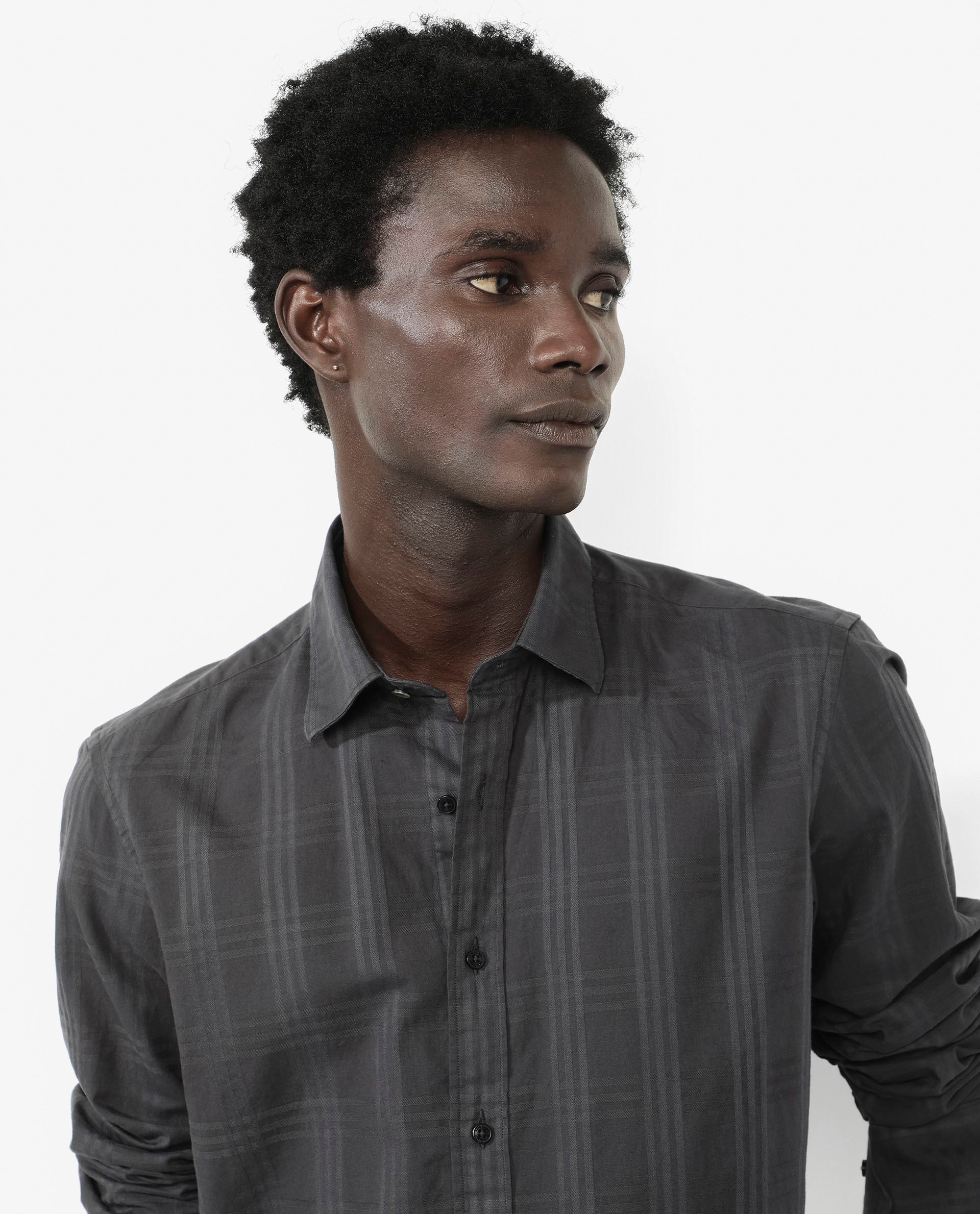 Rare Rabbit Men's Roar Dark Grey Cotton Fabric Full Sleeves Collared Neck Checks Shirt