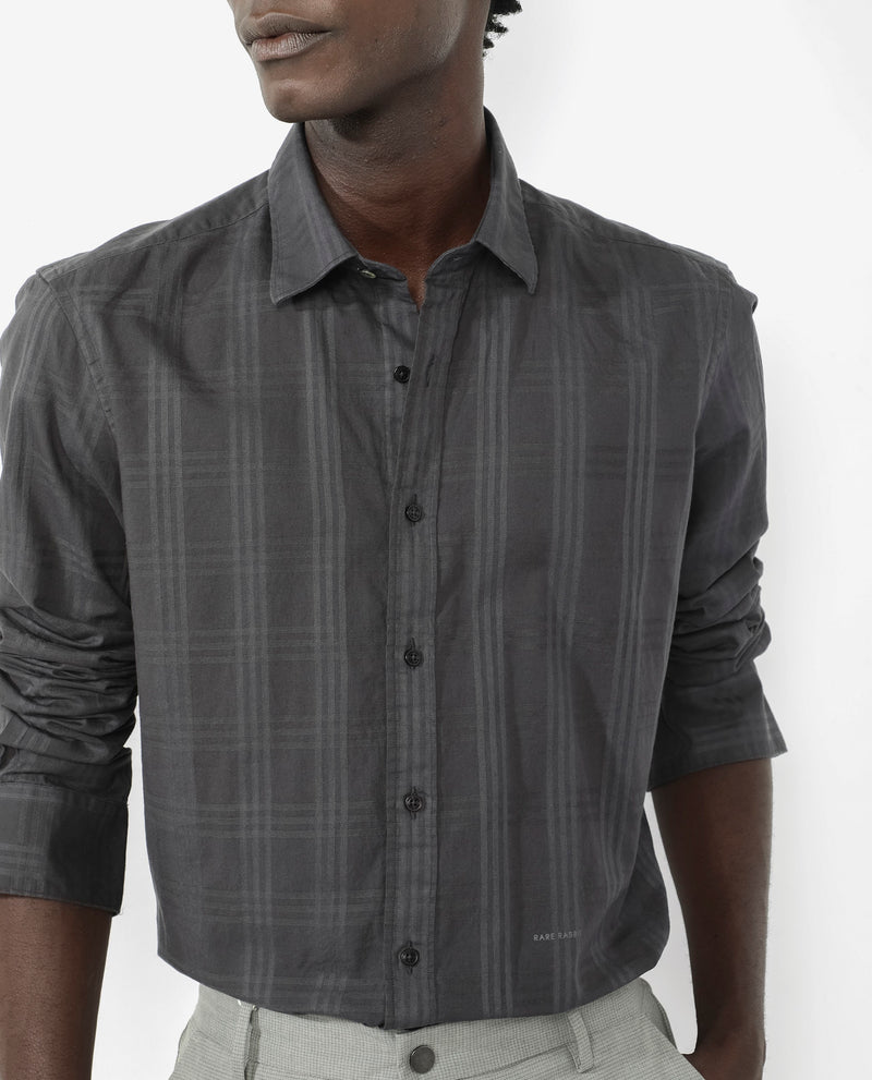 Rare Rabbit Men's Roar Dark Grey Cotton Fabric Full Sleeves Collared Neck Checks Shirt