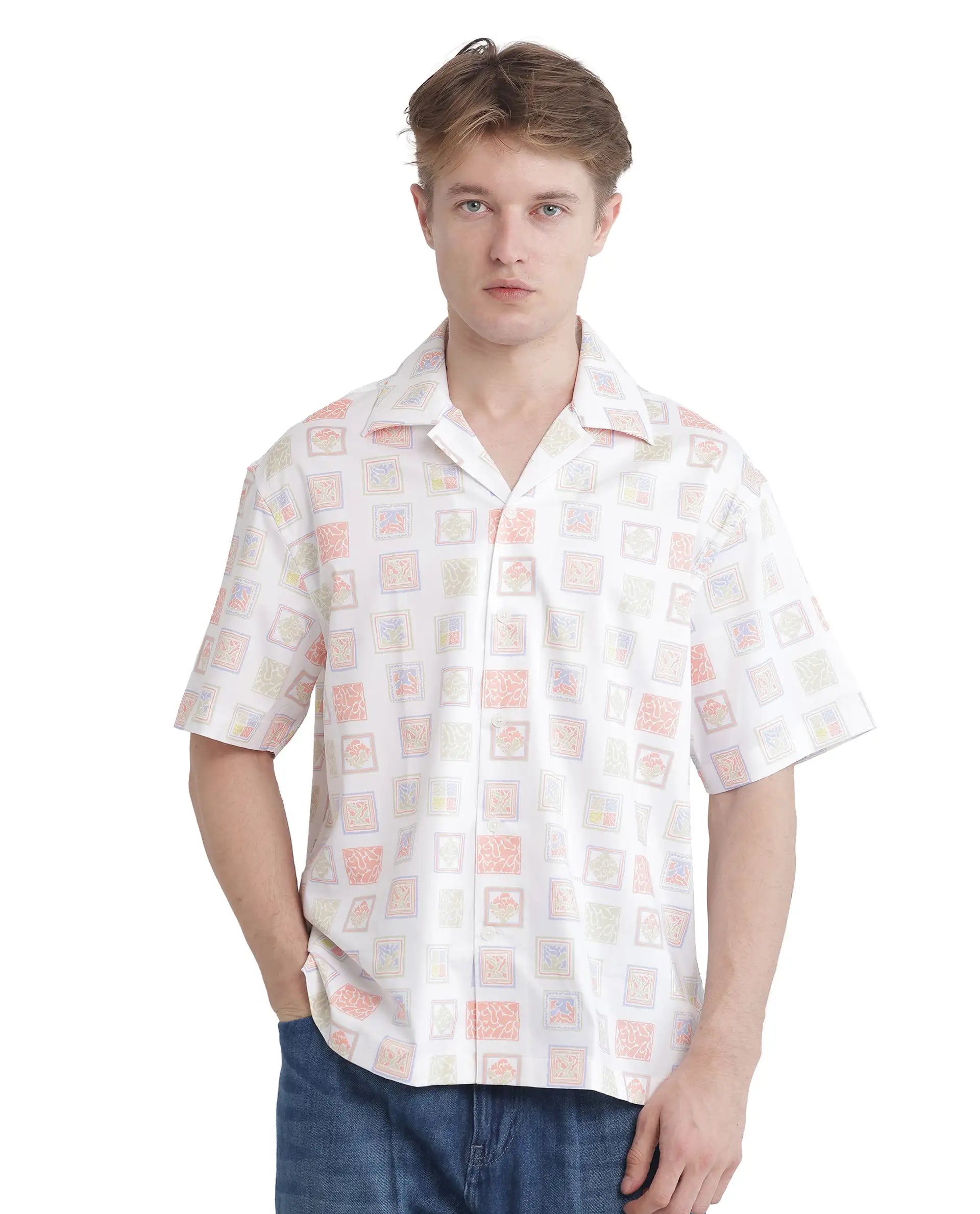 Rare Rabbit Men's Roaz White Cotton Fabric Short Sleeve Cuban Collared Boxy Fit Stamp Print Shirt