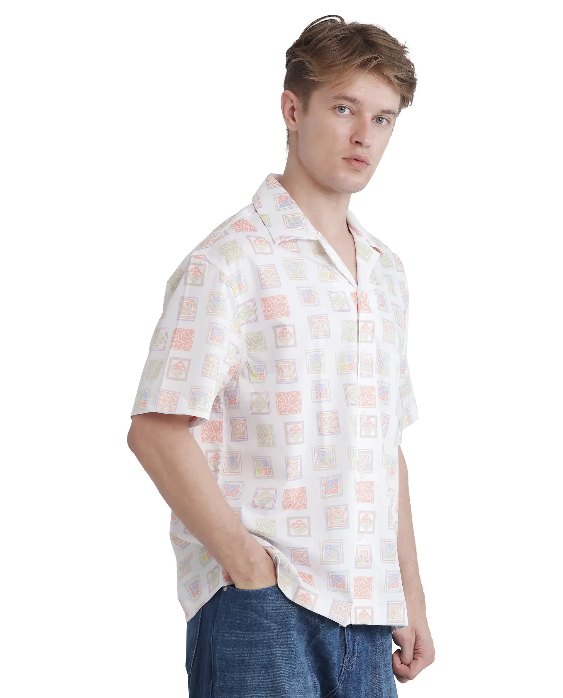 Rare Rabbit Men's Roaz White Cotton Fabric Short Sleeve Cuban Collared Boxy Fit Stamp Print Shirt