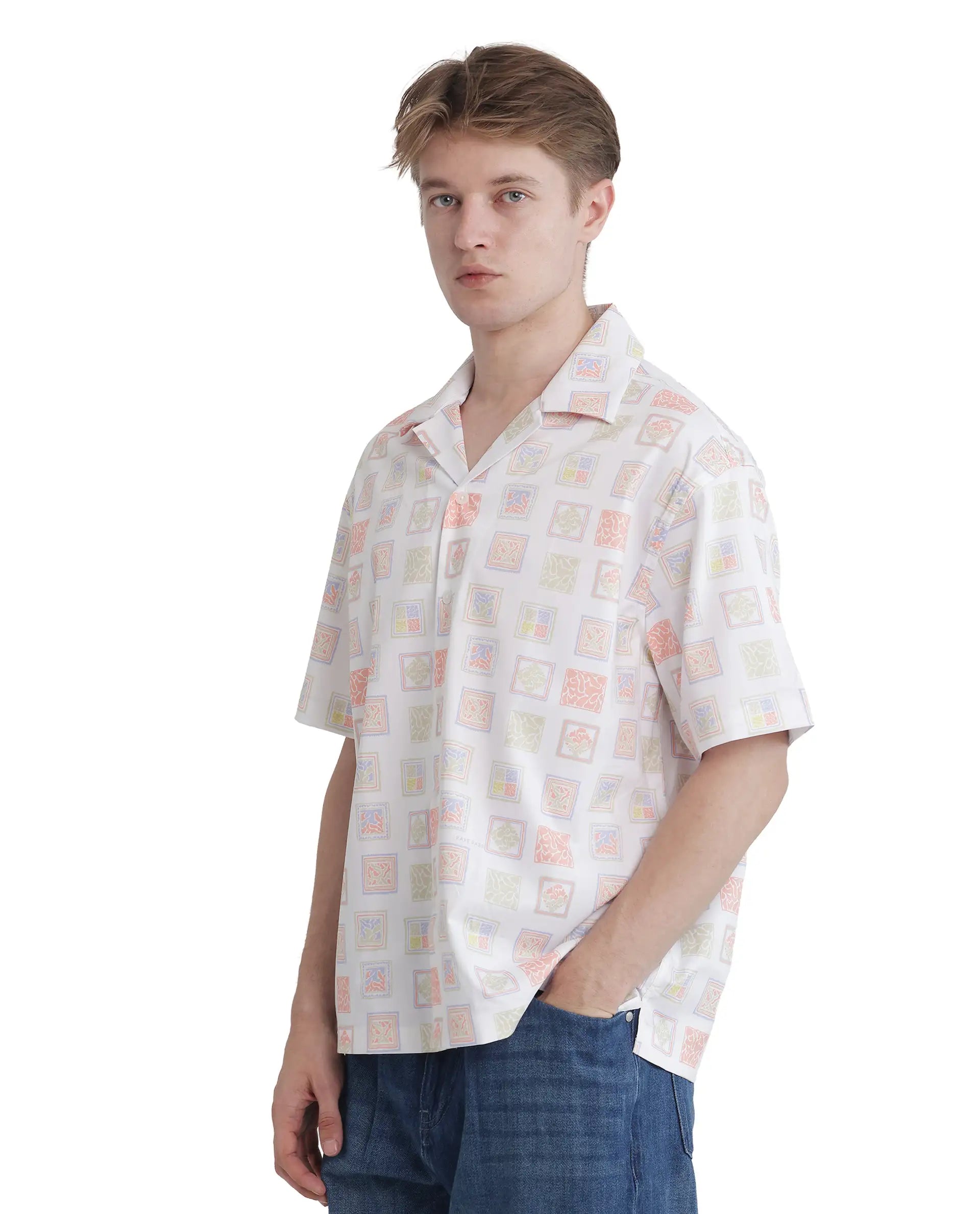 Rare Rabbit Men's Roaz White Cotton Fabric Short Sleeve Cuban Collared Boxy Fit Stamp Print Shirt