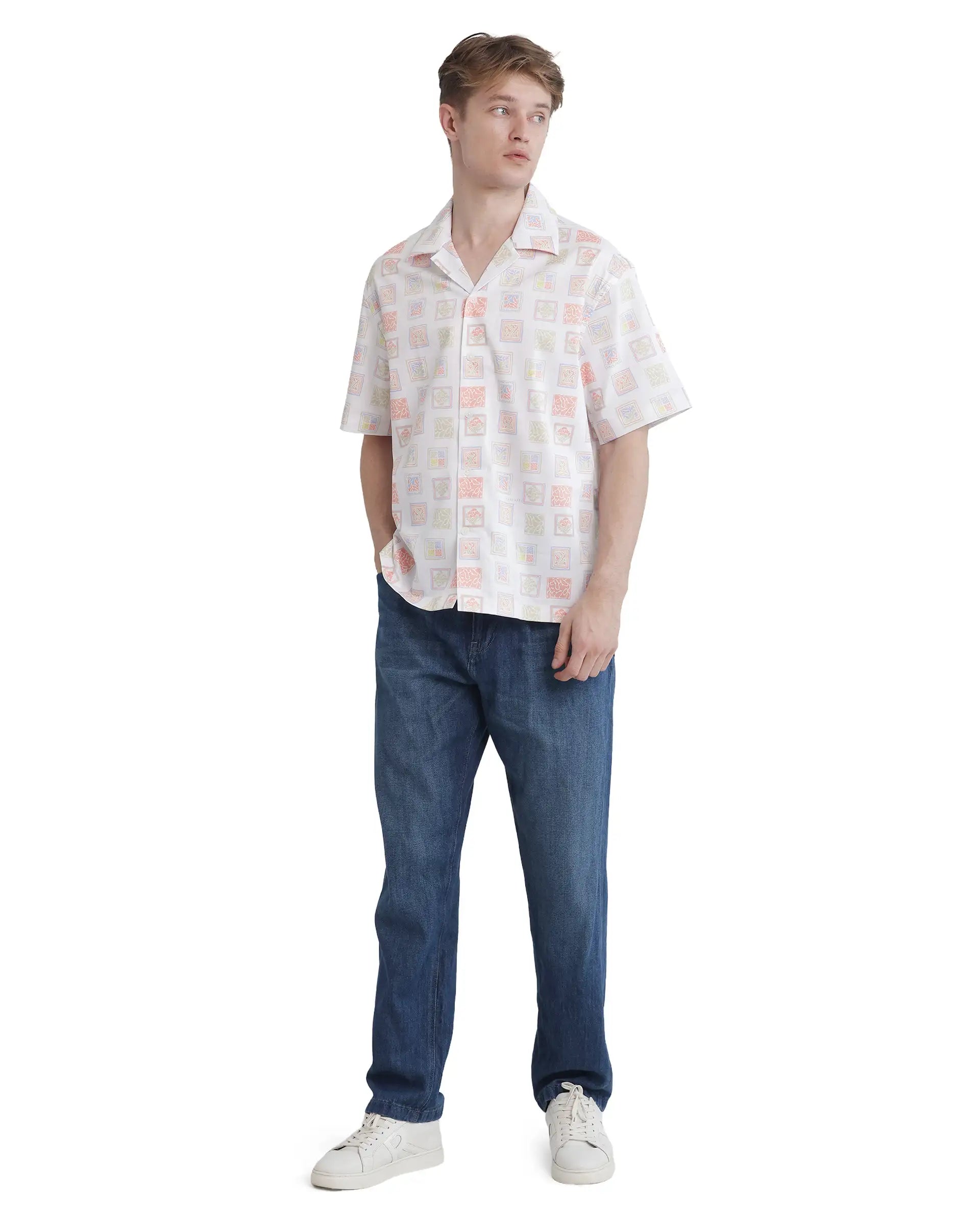 Rare Rabbit Men's Roaz White Cotton Fabric Short Sleeve Cuban Collared Boxy Fit Stamp Print Shirt