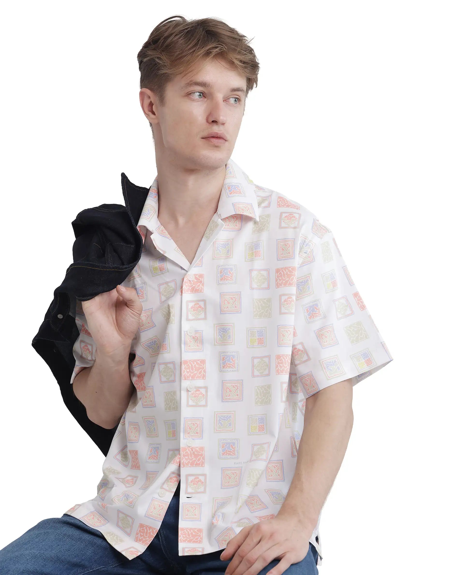 Rare Rabbit Men's Roaz White Cotton Fabric Short Sleeve Cuban Collared Boxy Fit Stamp Print Shirt