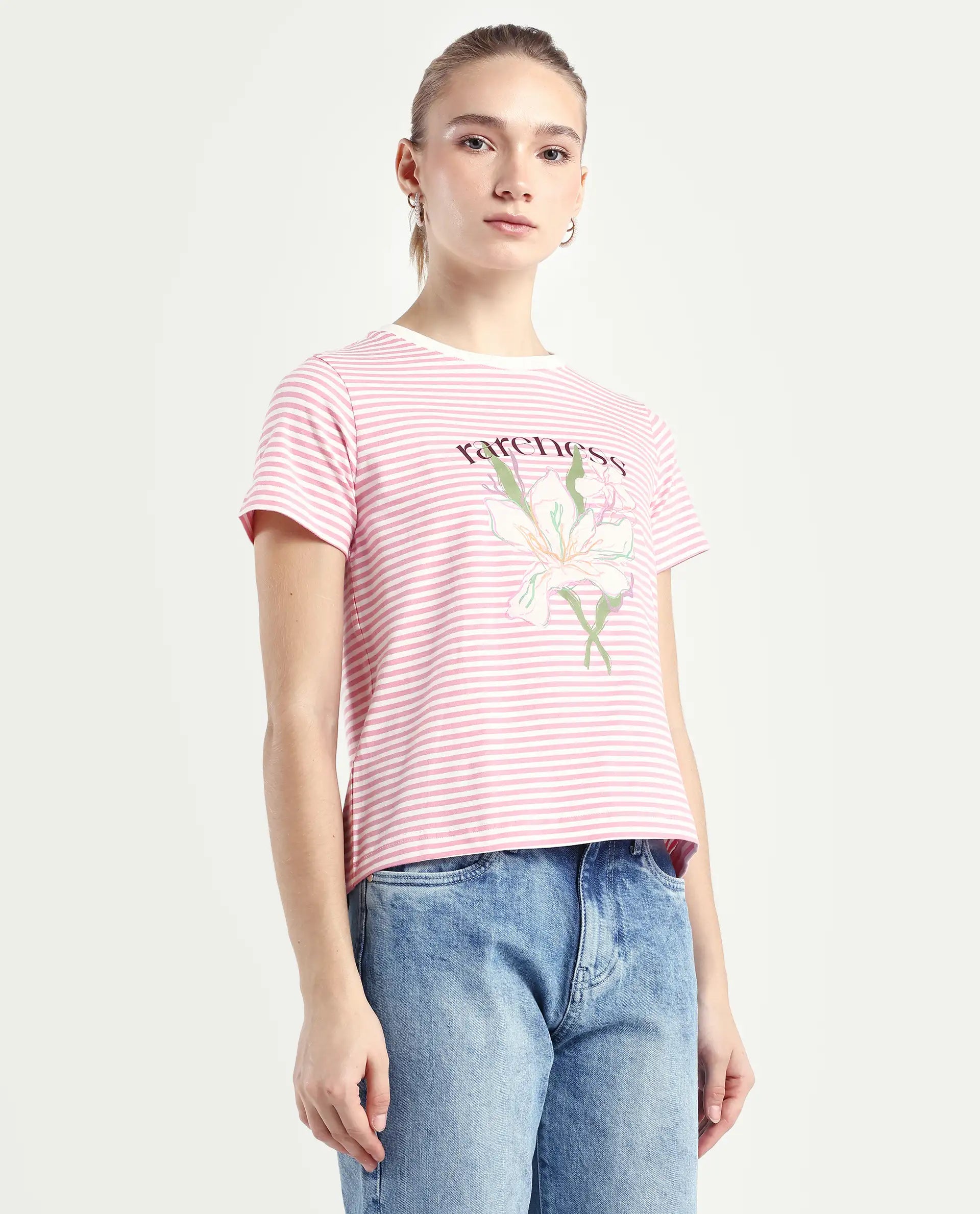 Rareism Women's Robbin Light Pink Cotton Blend Crew Neck Graphic Print Regular Fit T-Shirt