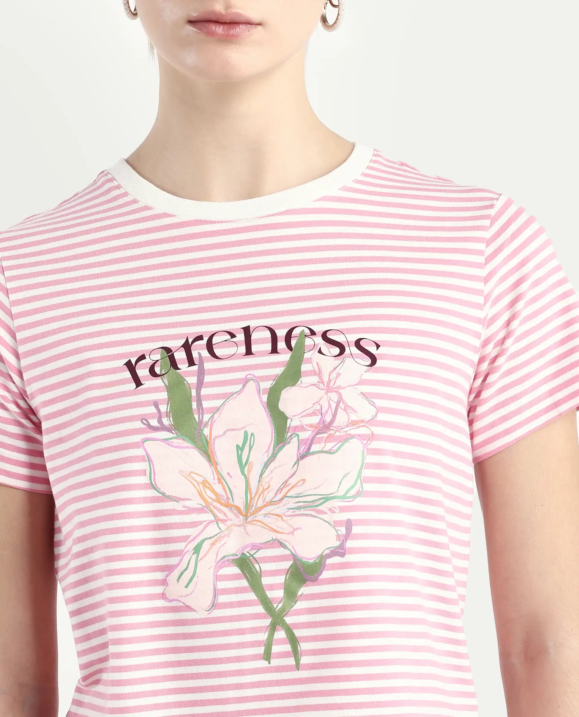 Rareism Women's Robbin Light Pink Cotton Blend Crew Neck Graphic Print Regular Fit T-Shirt