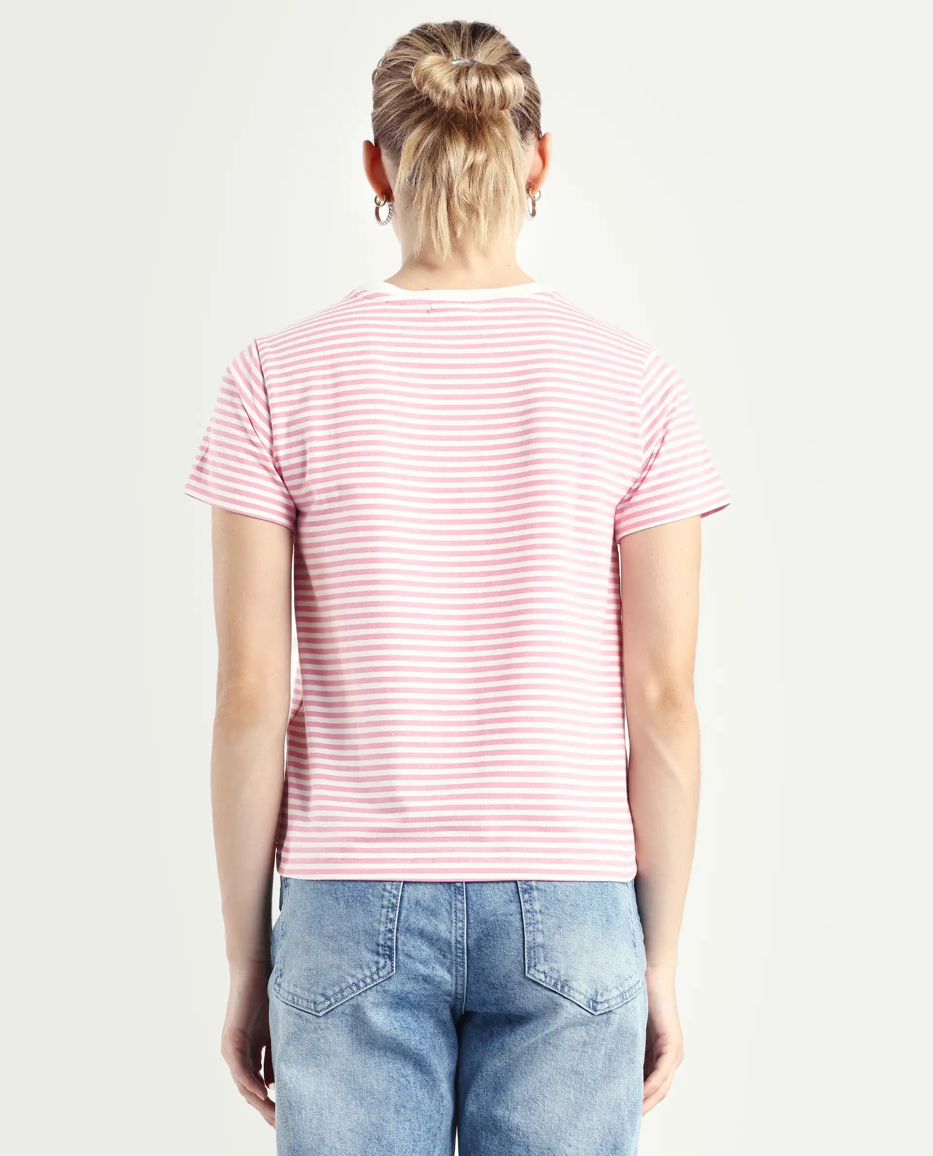 Rareism Women's Robbin Light Pink Cotton Blend Crew Neck Graphic Print Regular Fit T-Shirt