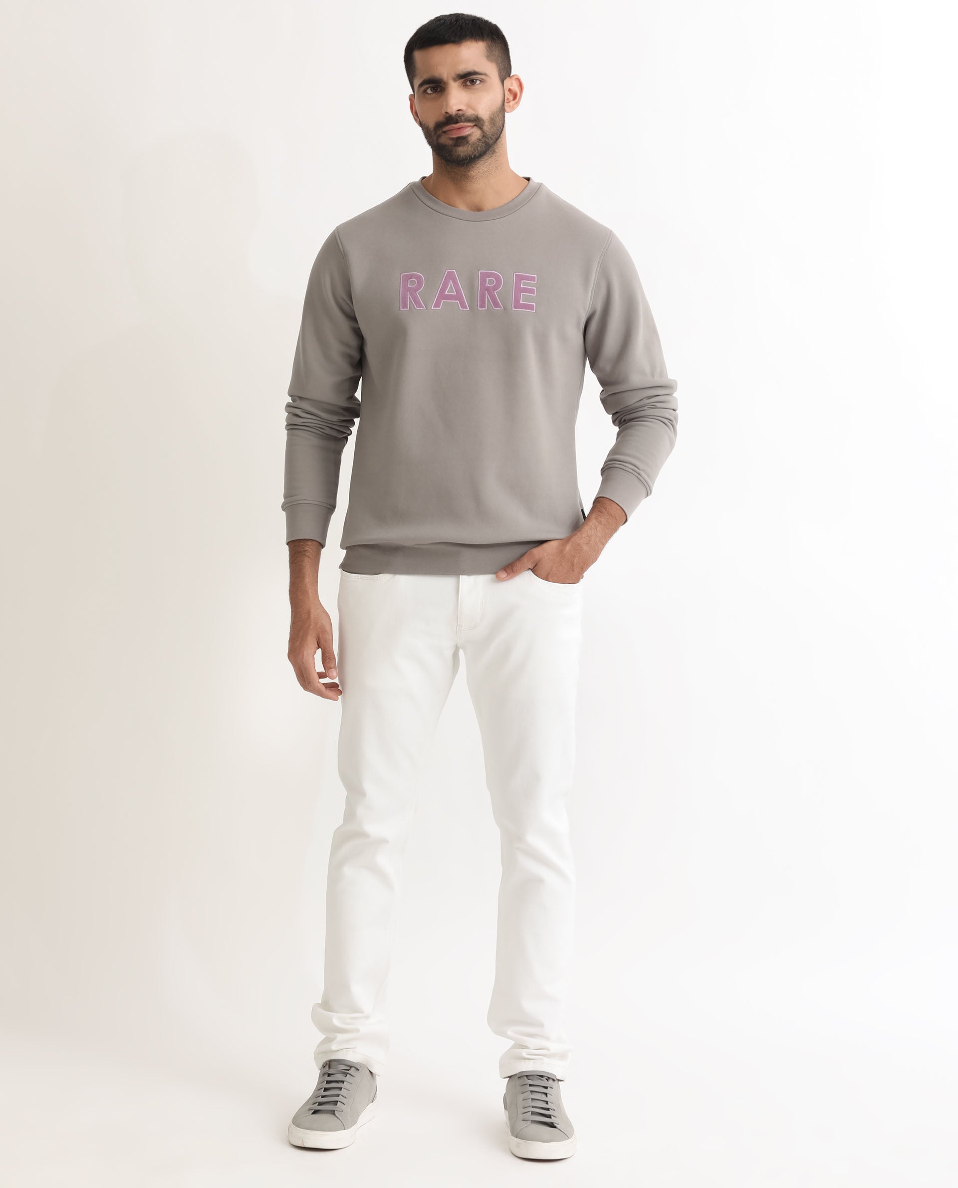 Rare Rabbit Men's Robbs Grey Cotton Polyester Fabric Full Sleeves Graphic Printed Logo Sweatshirt