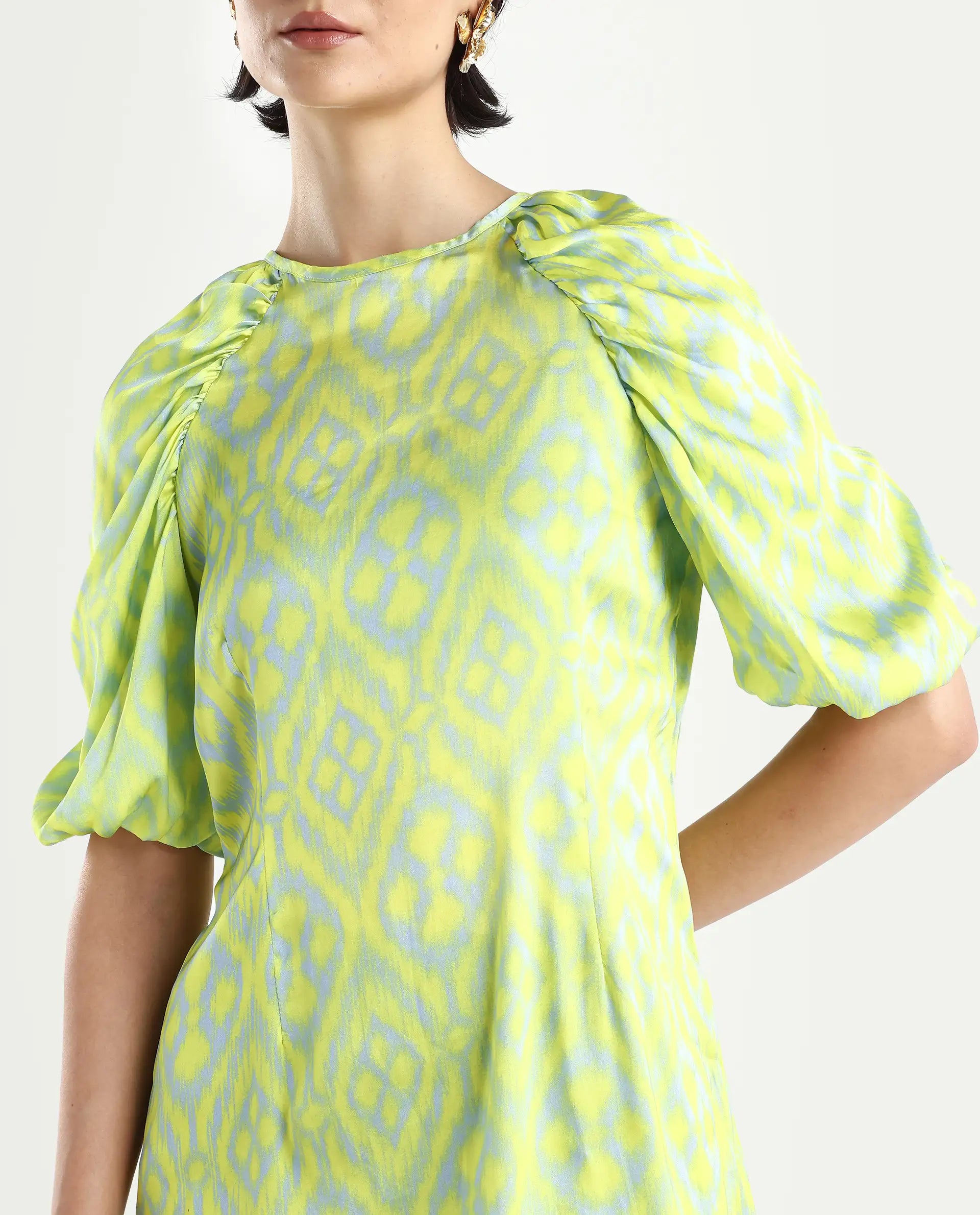 Rareism Women's Robertson Flouroscent Yellow Polyester Crew Neck Geometric Print Puff Sleeves Mini Slim Fit Dress