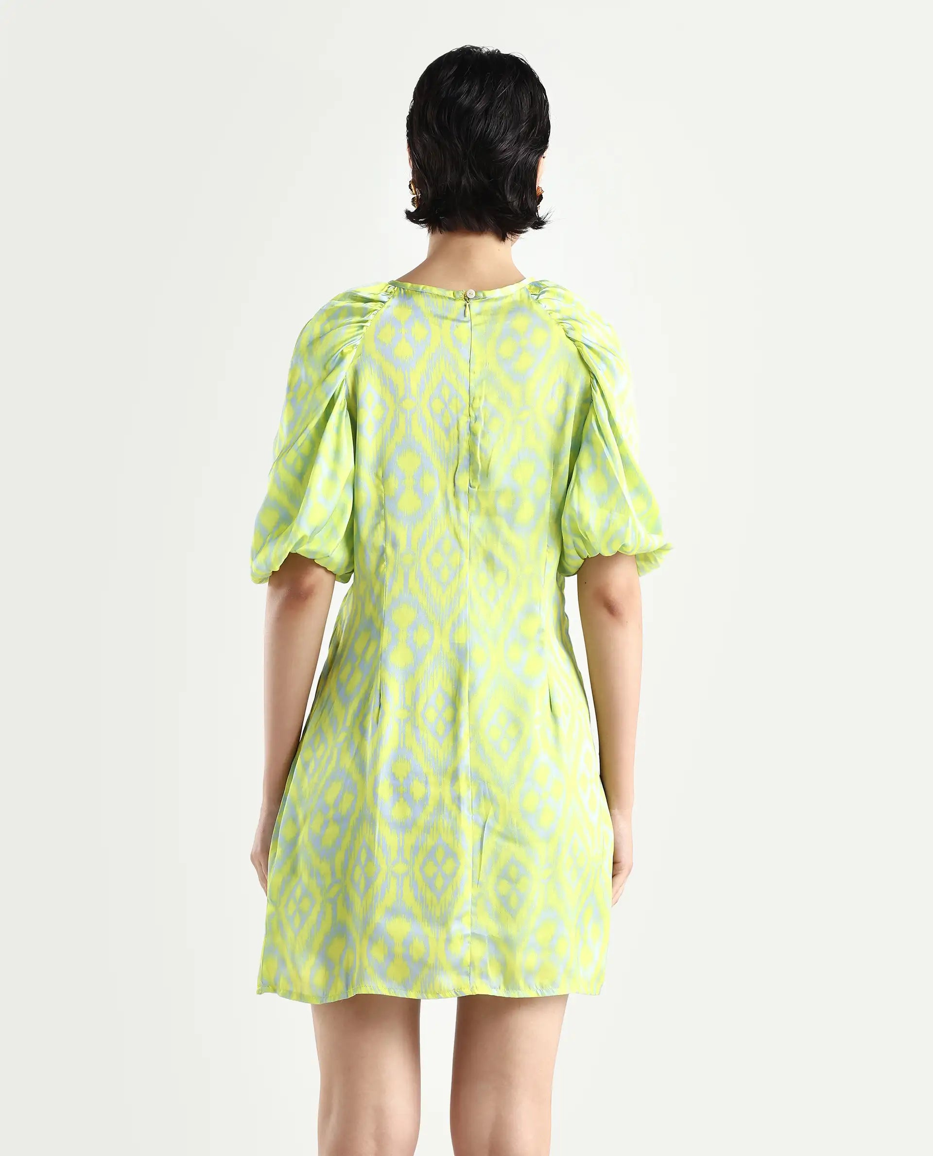 Rareism Women's Robertson Flouroscent Yellow Polyester Crew Neck Geometric Print Puff Sleeves Mini Slim Fit Dress