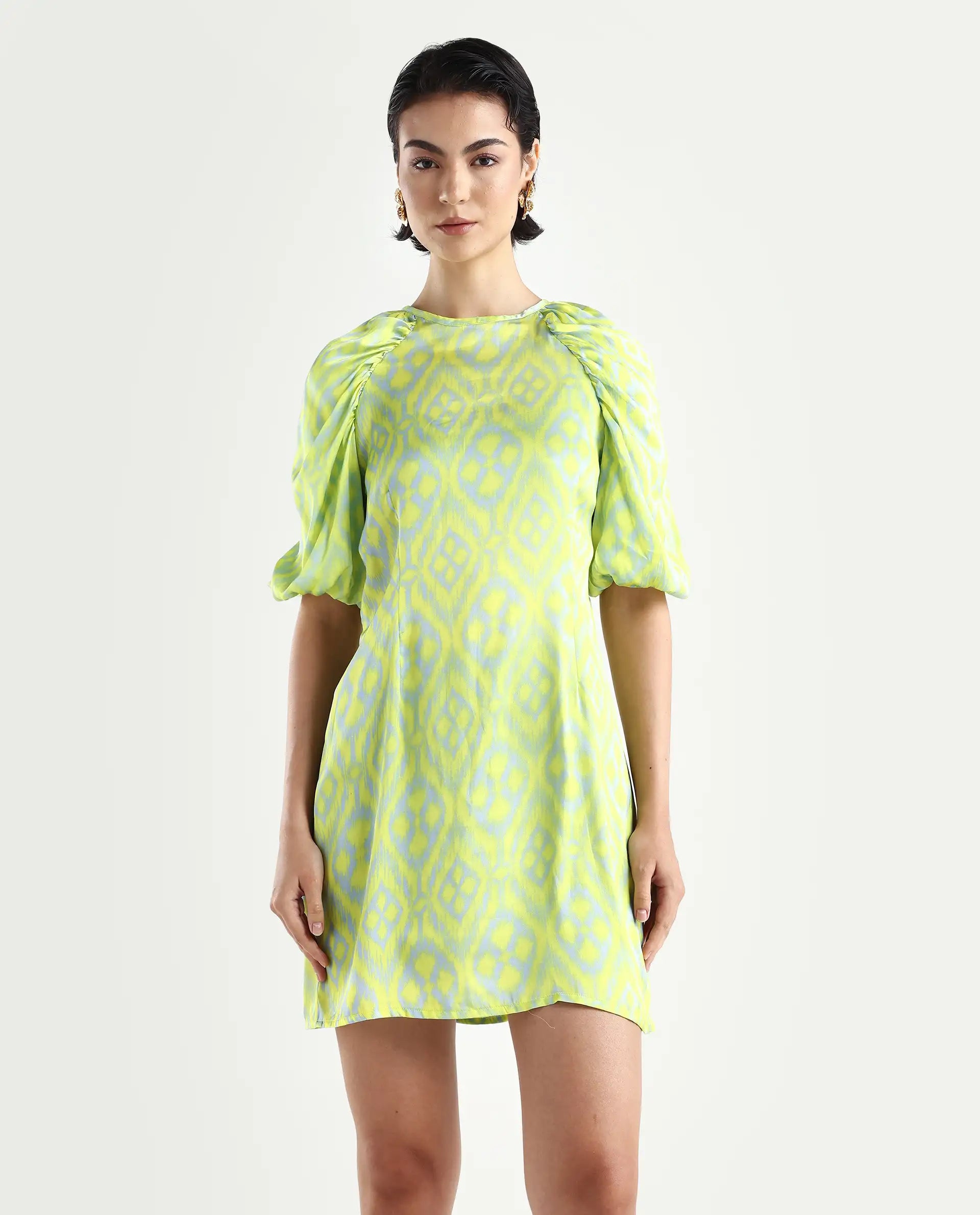 Rareism Women's Robertson Flouroscent Yellow Polyester Crew Neck Geometric Print Puff Sleeves Mini Slim Fit Dress