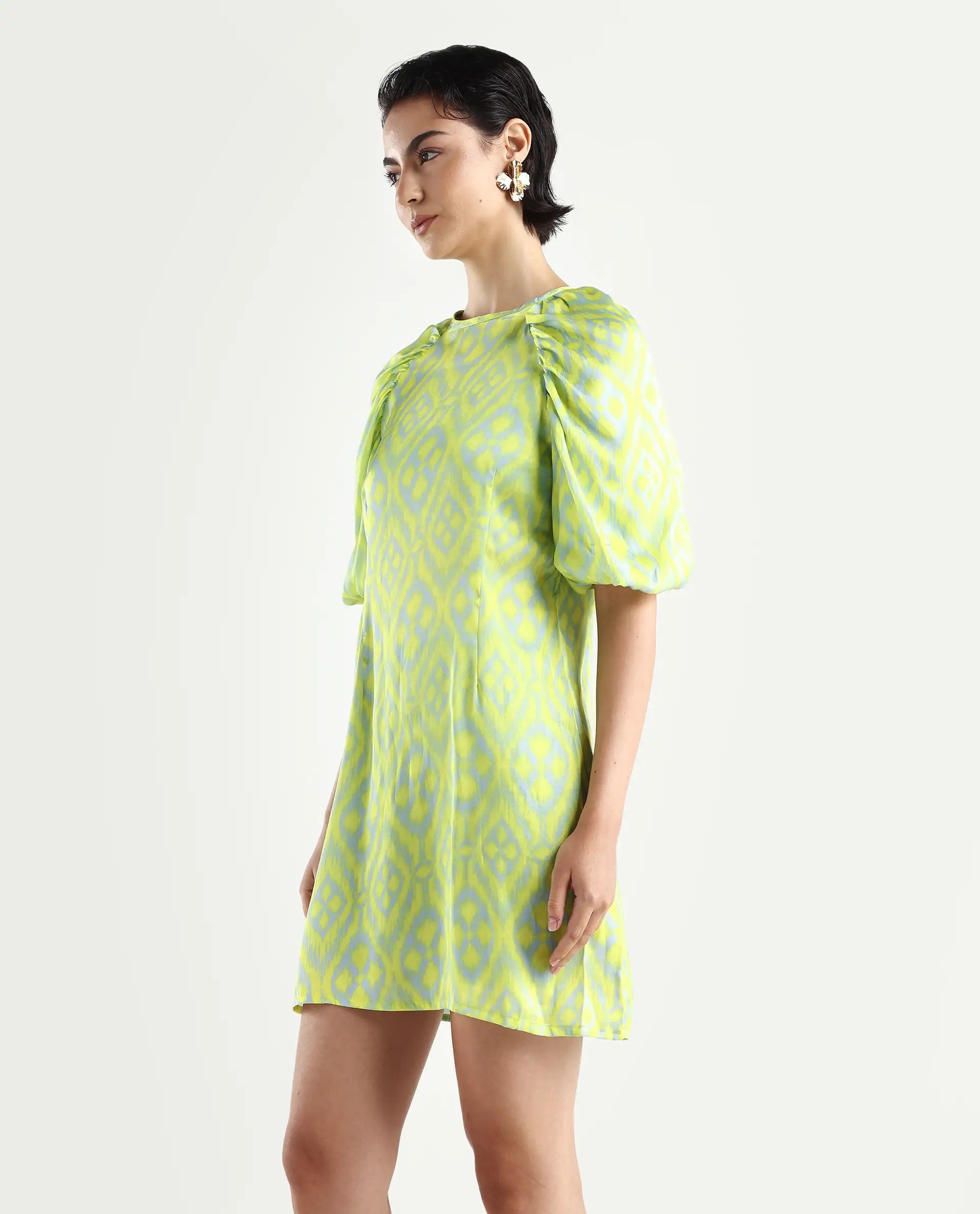 Rareism Women's Robertson Flouroscent Yellow Polyester Crew Neck Geometric Print Puff Sleeves Mini Slim Fit Dress