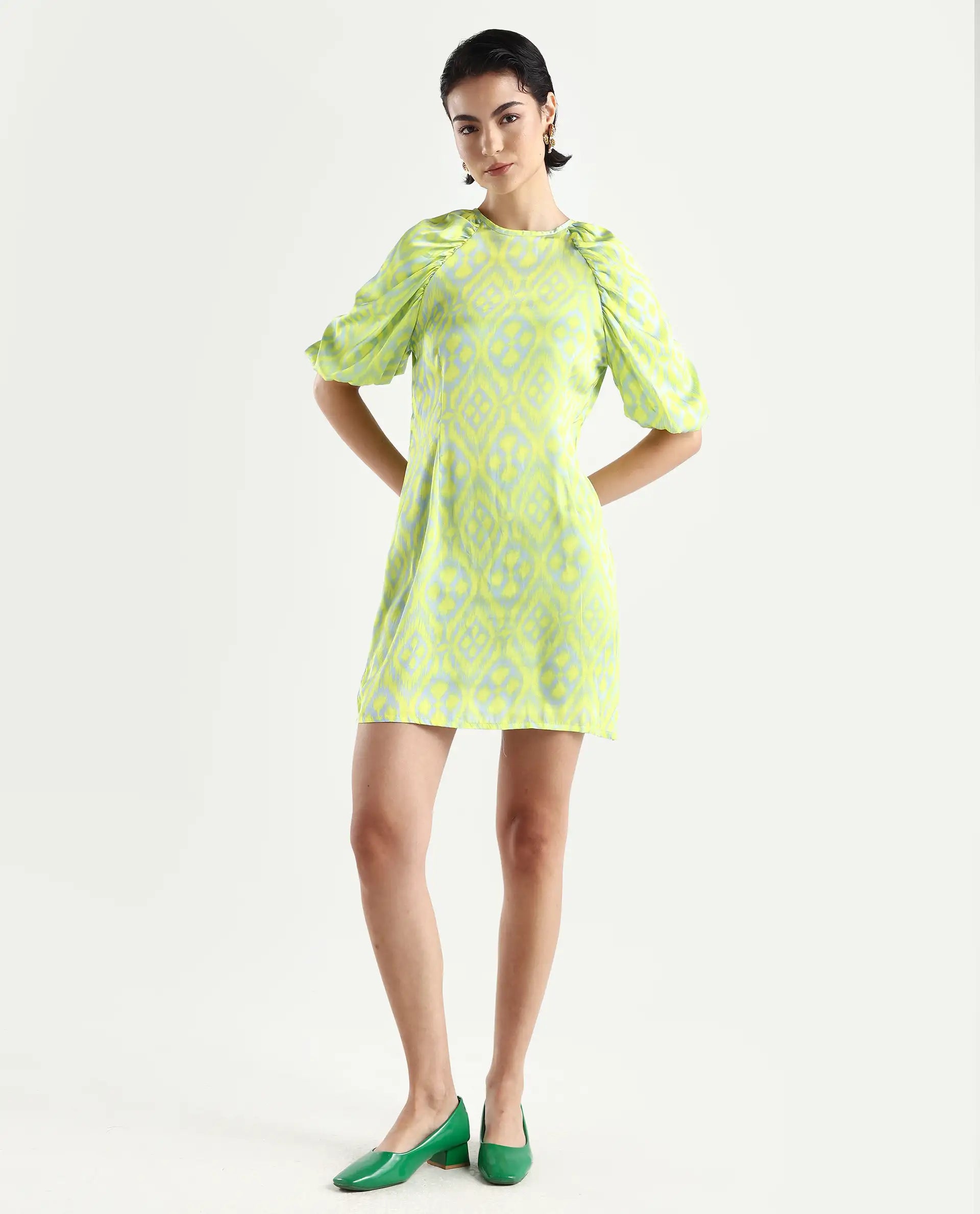 Rareism Women's Robertson Flouroscent Yellow Polyester Crew Neck Geometric Print Puff Sleeves Mini Slim Fit Dress