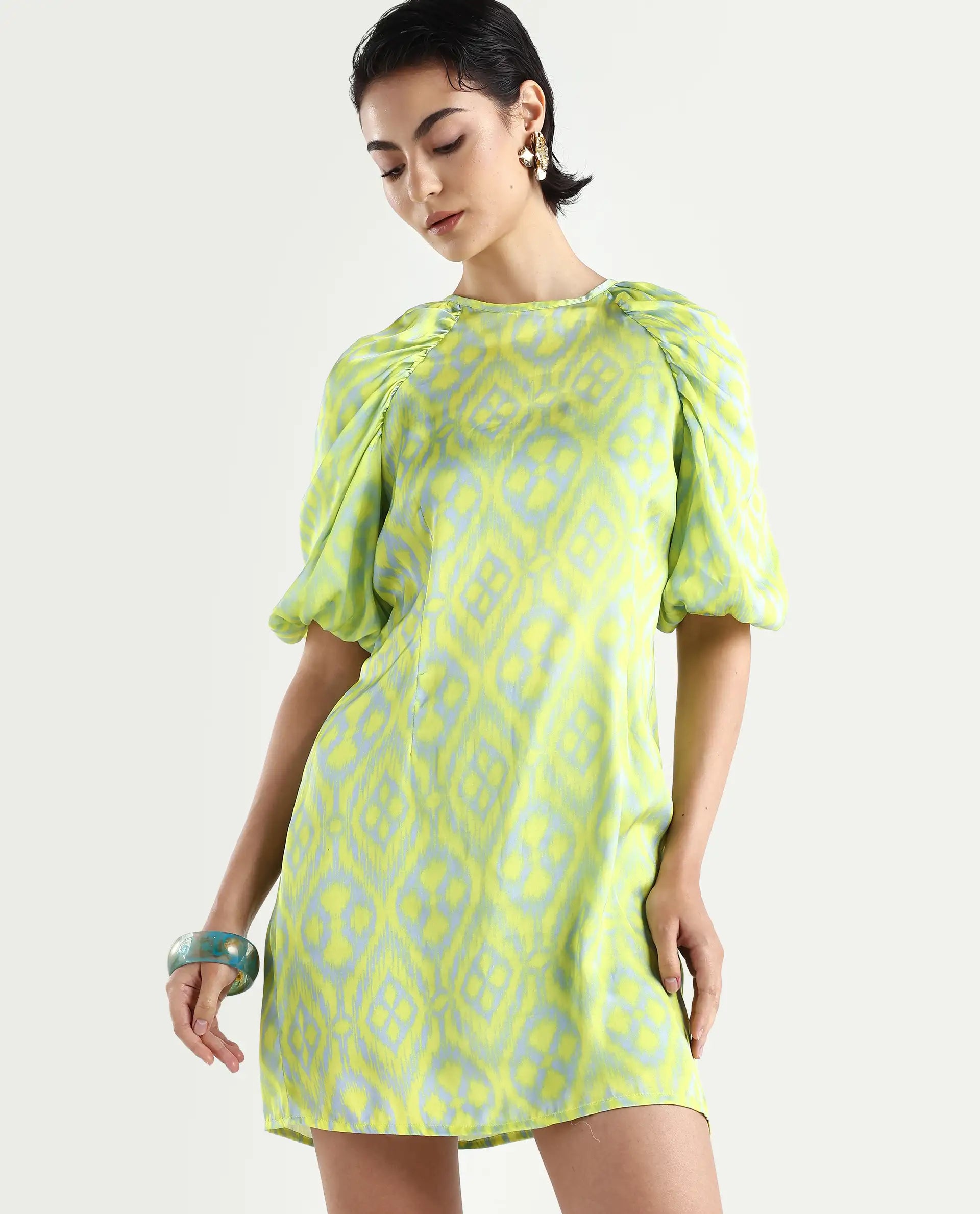 Rareism Women's Robertson Flouroscent Yellow Polyester Crew Neck Geometric Print Puff Sleeves Mini Slim Fit Dress