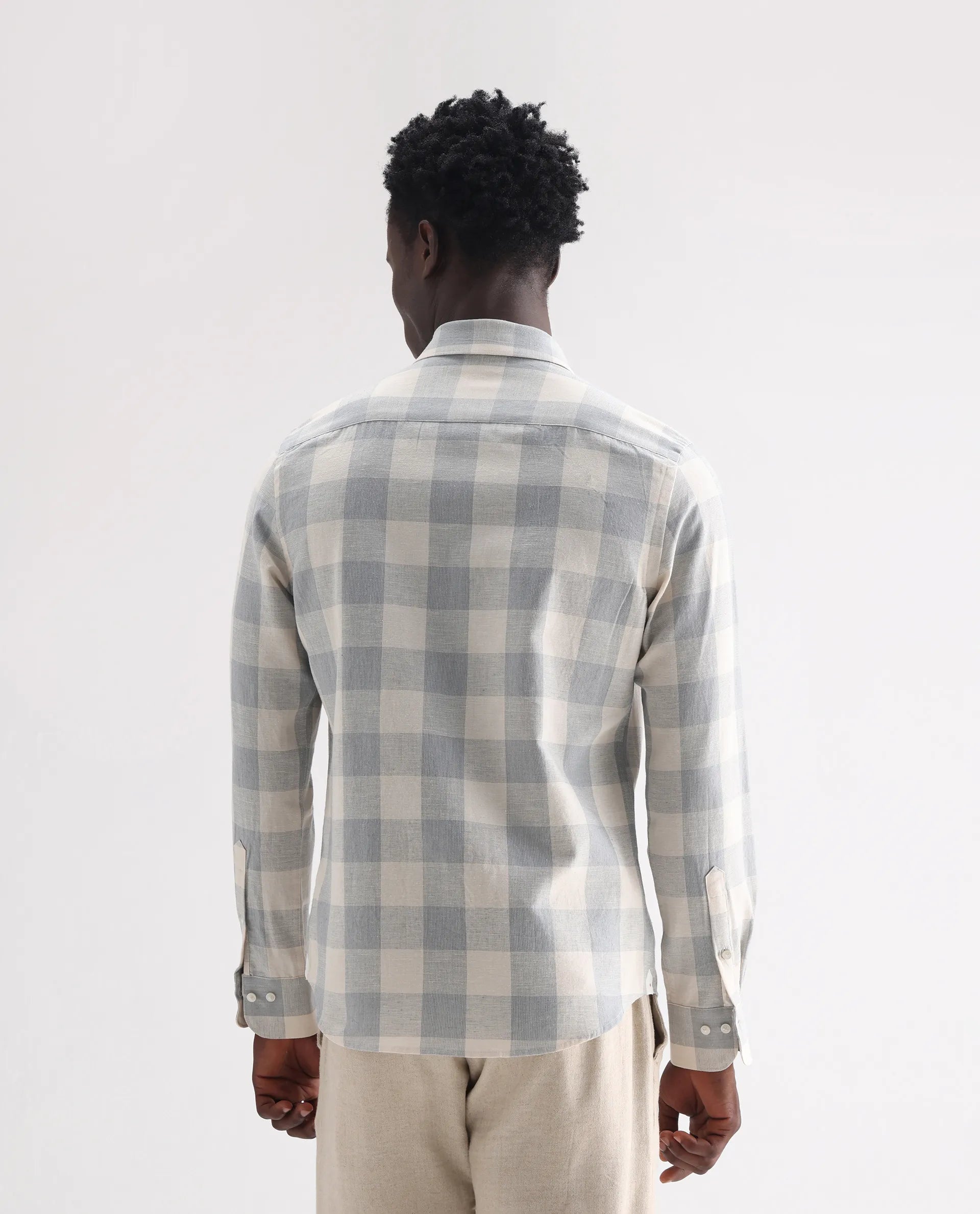 Rare Rabbit Men's Robina Blue 100% Linen Checked Print Regular Fit Full Sleeve Collared Shirt