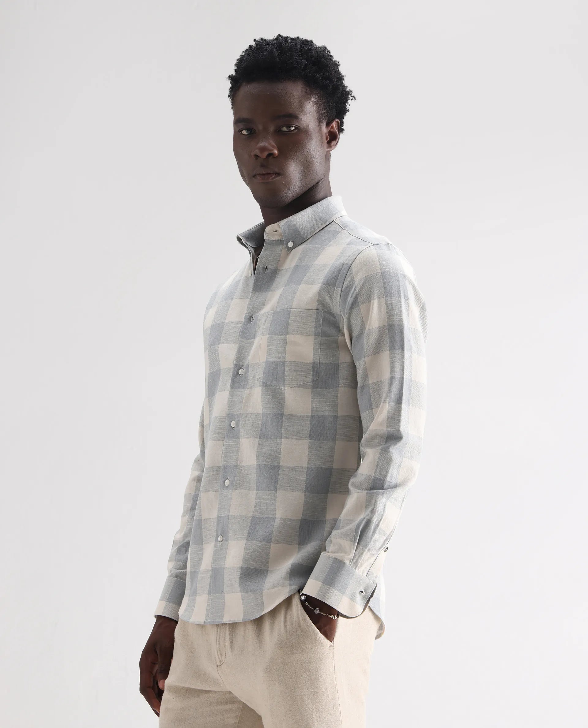 Rare Rabbit Men's Robina Blue 100% Linen Checked Print Regular Fit Full Sleeve Collared Shirt