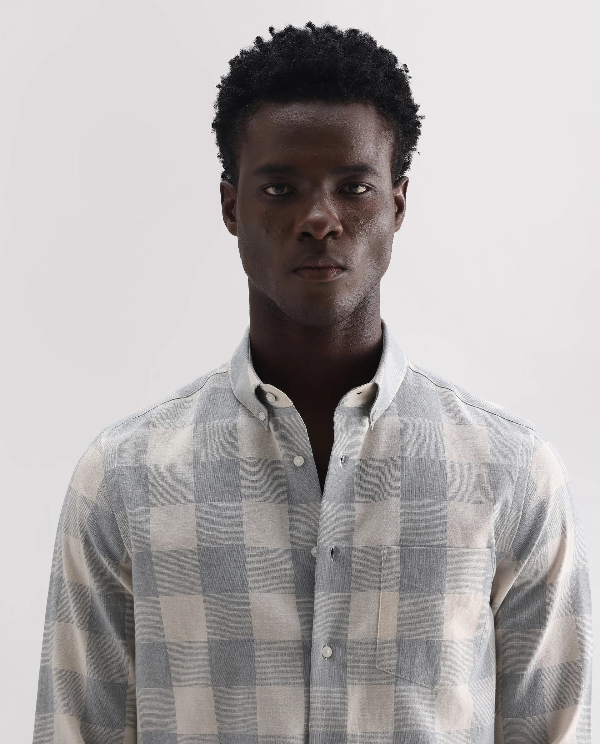 Rare Rabbit Men's Robina Blue 100% Linen Checked Print Regular Fit Full Sleeve Collared Shirt