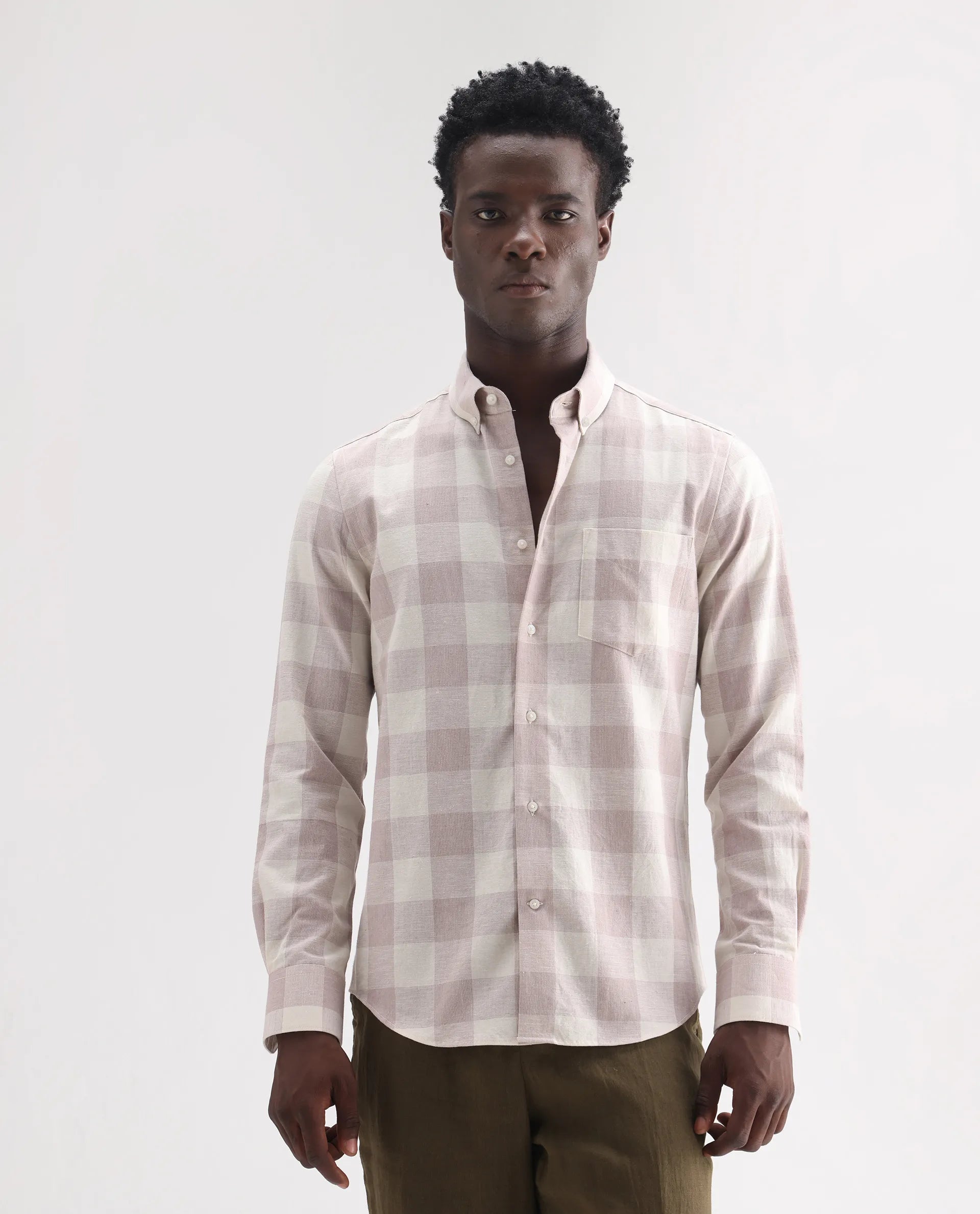 Rare Rabbit Men's Robina Pink 100% Linen Checked Print Regular Fit Full Sleeve Collared Shirt