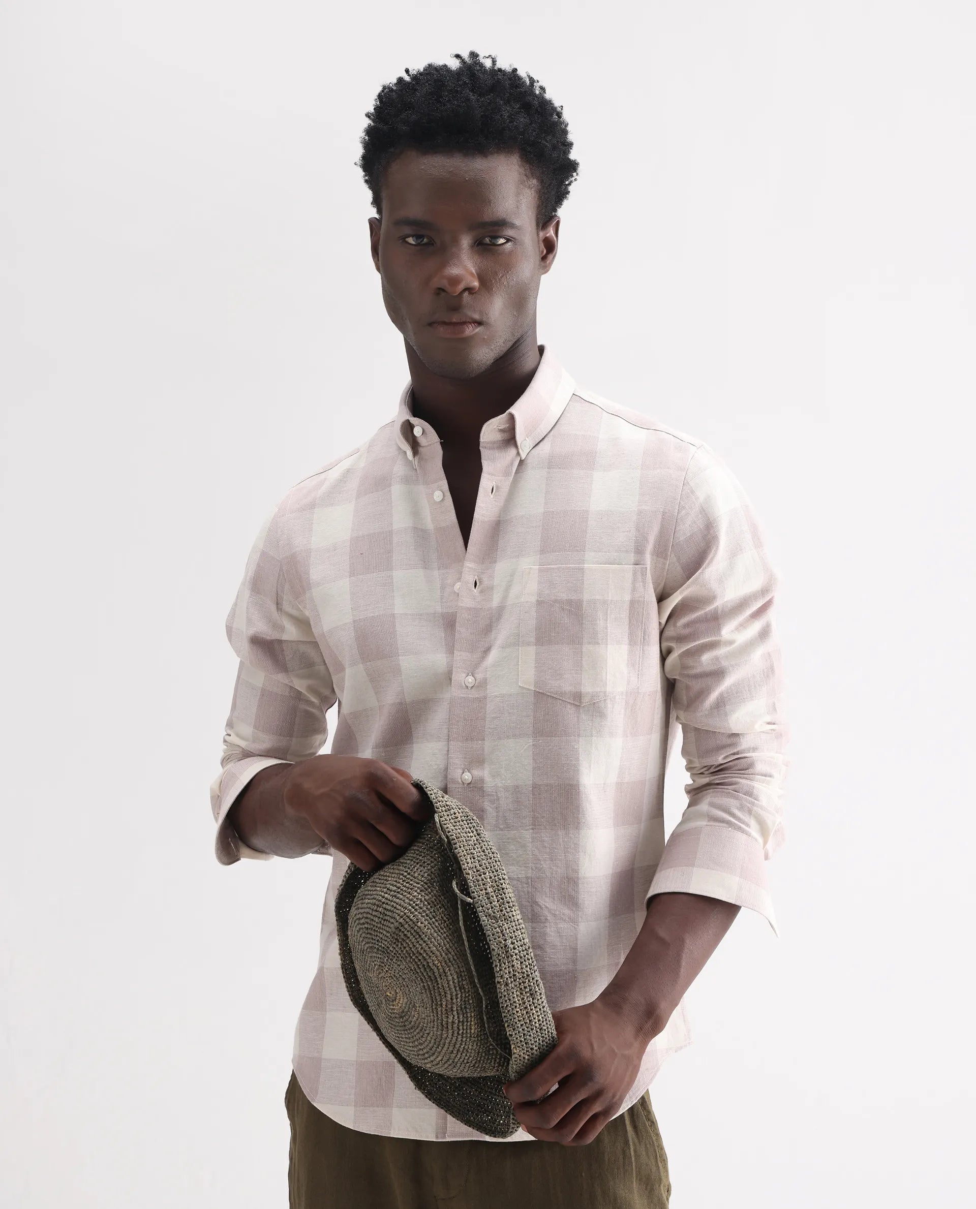 Rare Rabbit Men's Robina Pink 100% Linen Checked Print Regular Fit Full Sleeve Collared Shirt