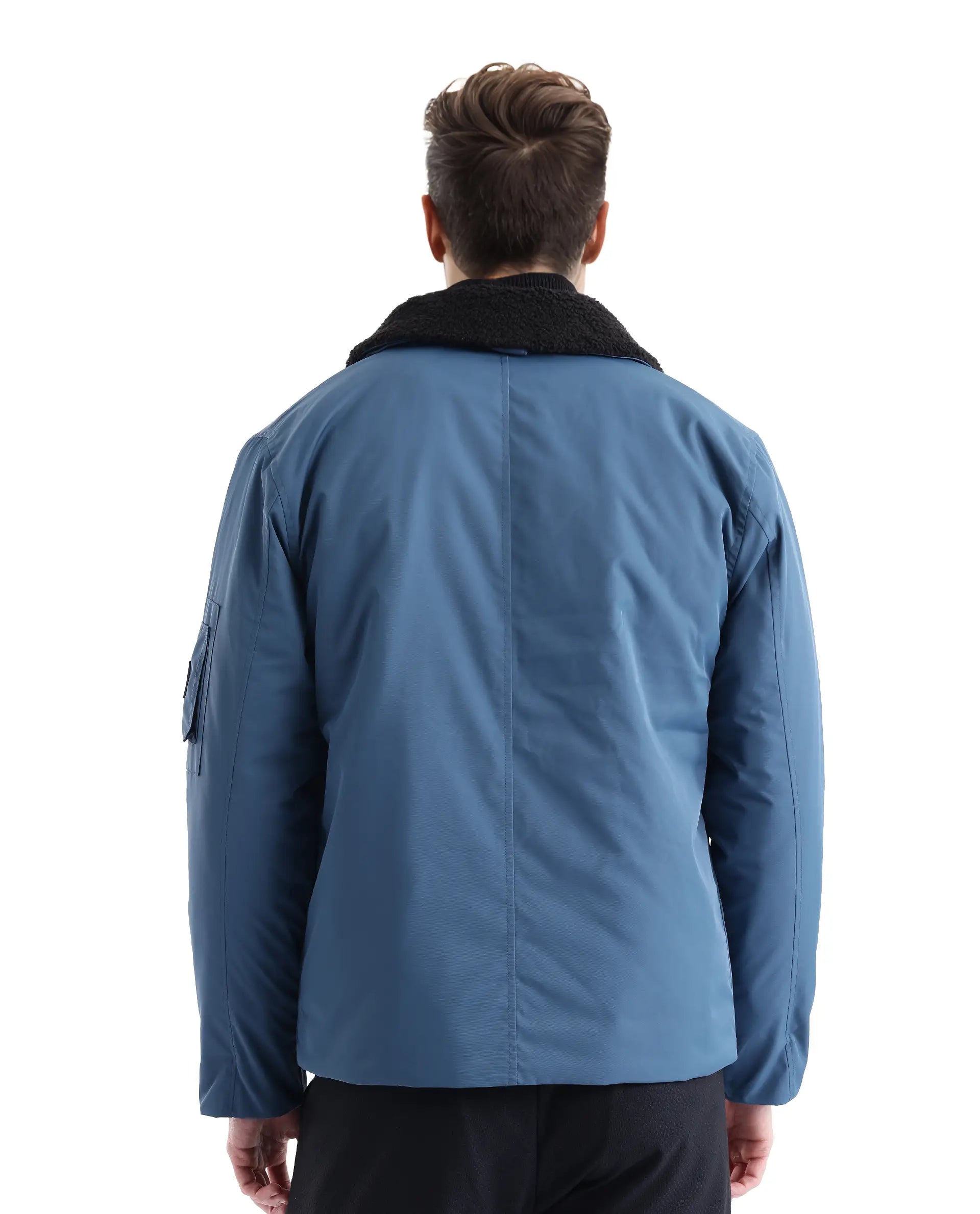 Rare Rabbit Men Roboss Teal Polyester Fabric Full Sleeve Spread Collar Zipper Closure Multi-pocket Plain Jacket