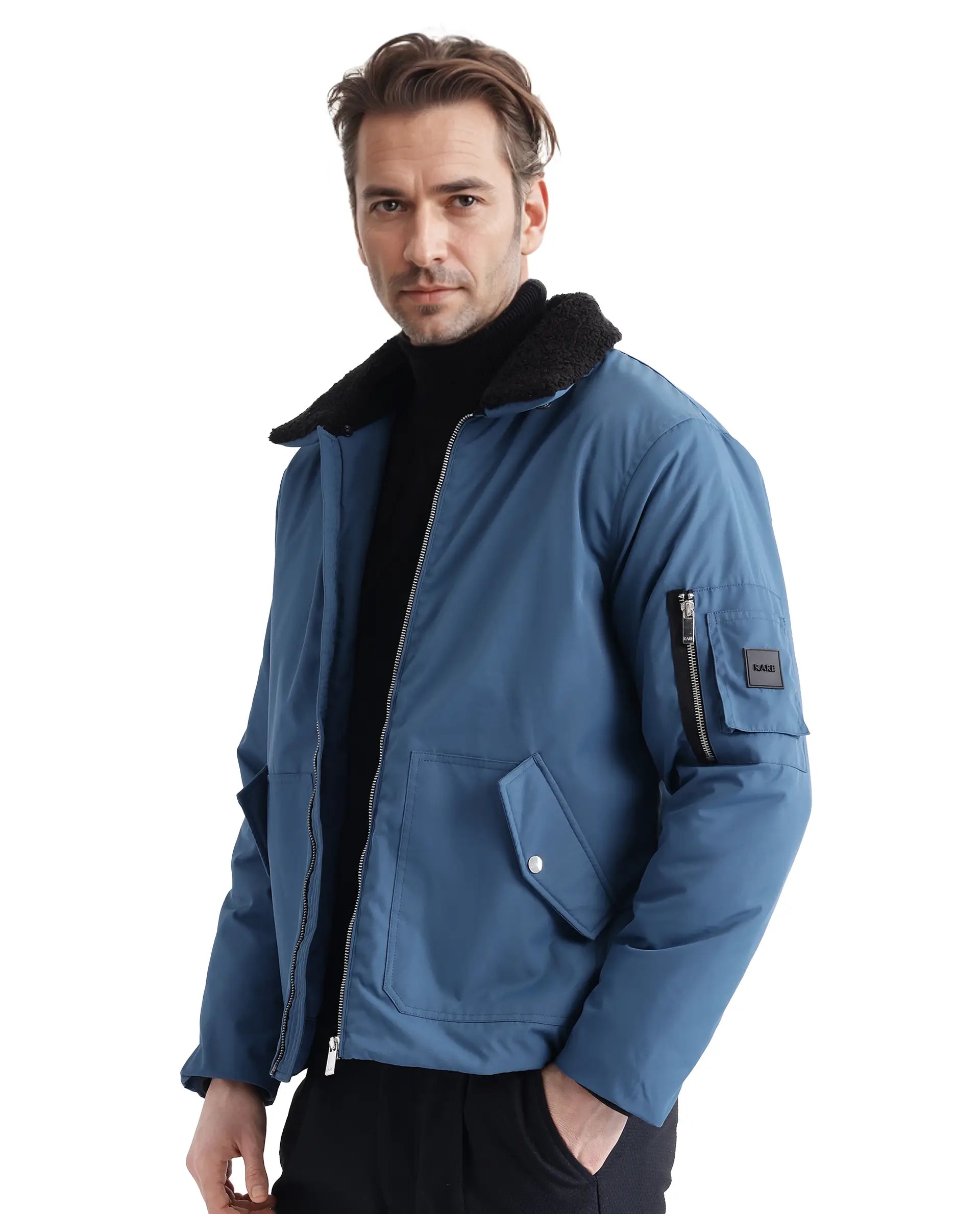 Rare Rabbit Men Roboss Teal Polyester Fabric Full Sleeve Spread Collar Zipper Closure Multi-pocket Plain Jacket