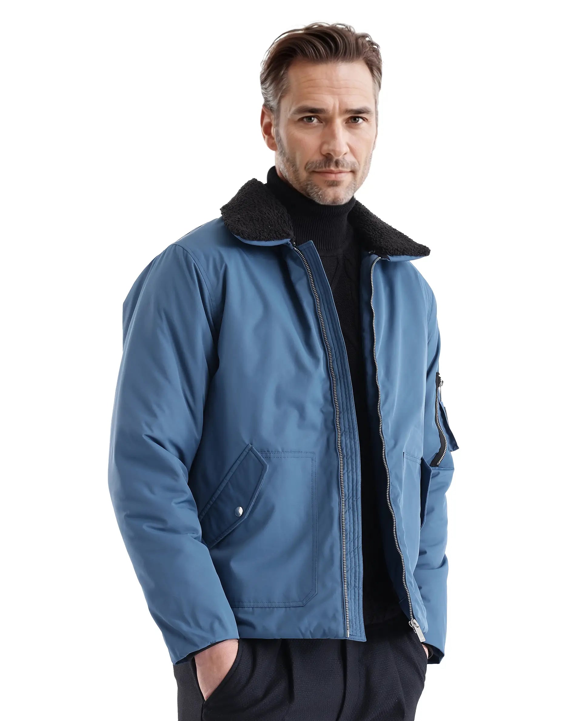 Rare Rabbit Men Roboss Teal Polyester Fabric Full Sleeve Spread Collar Zipper Closure Multi-pocket Plain Jacket