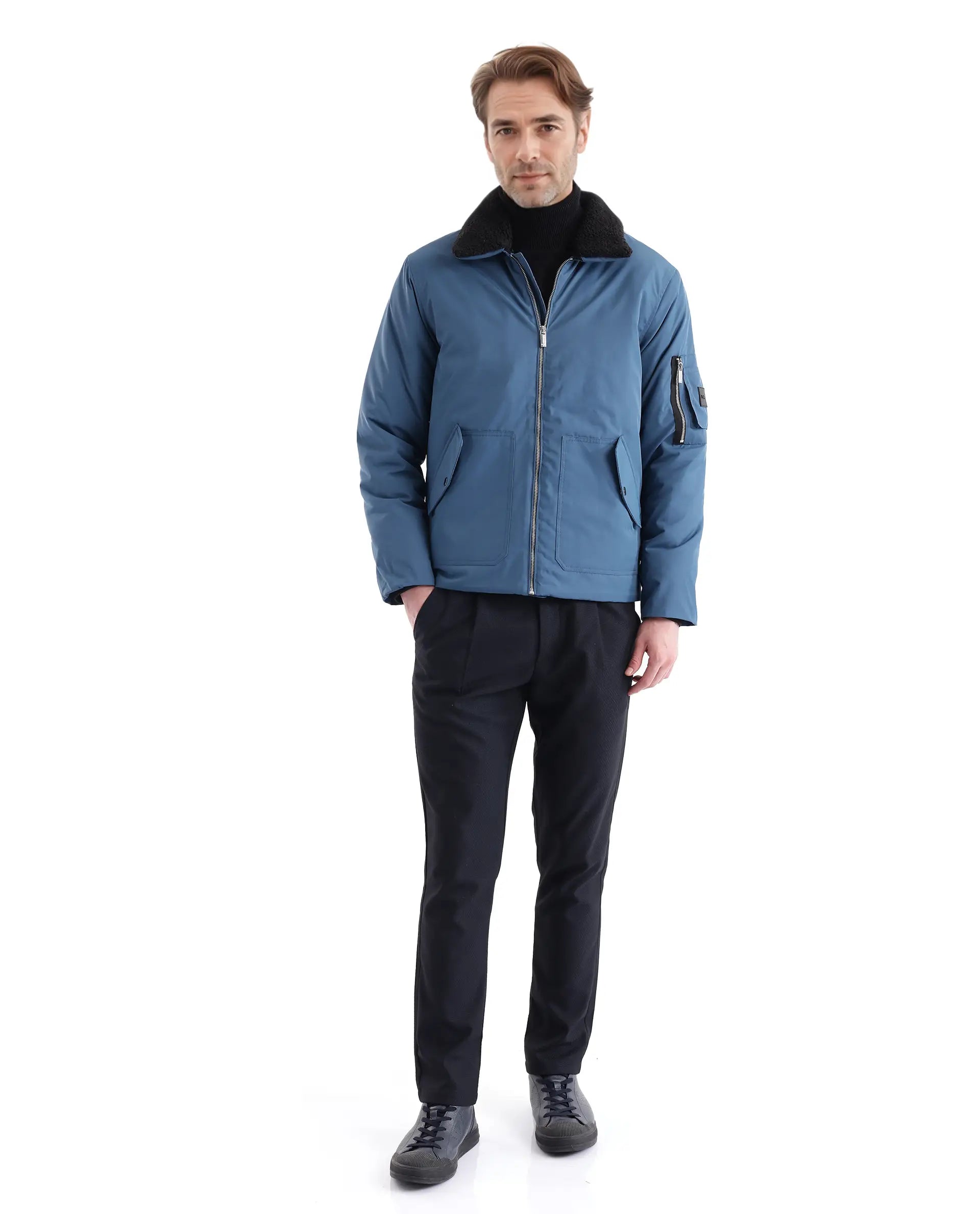 Rare Rabbit Men Roboss Teal Polyester Fabric Full Sleeve Spread Collar Zipper Closure Multi-pocket Plain Jacket