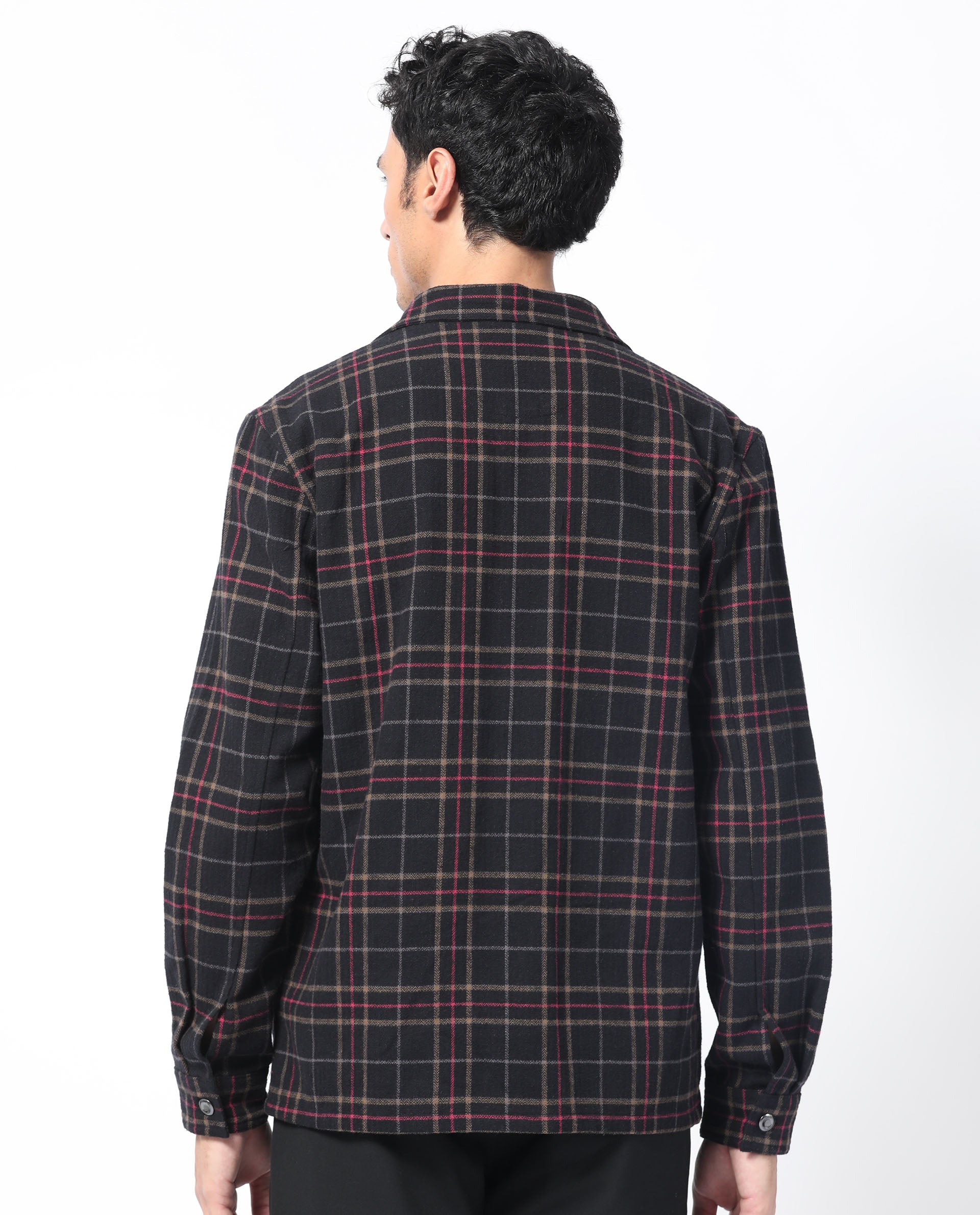 Rare Rabbit Men's Roche Black Cotton Polyester Fabric Full Sleeve Button Closure Twill Checks Shacket