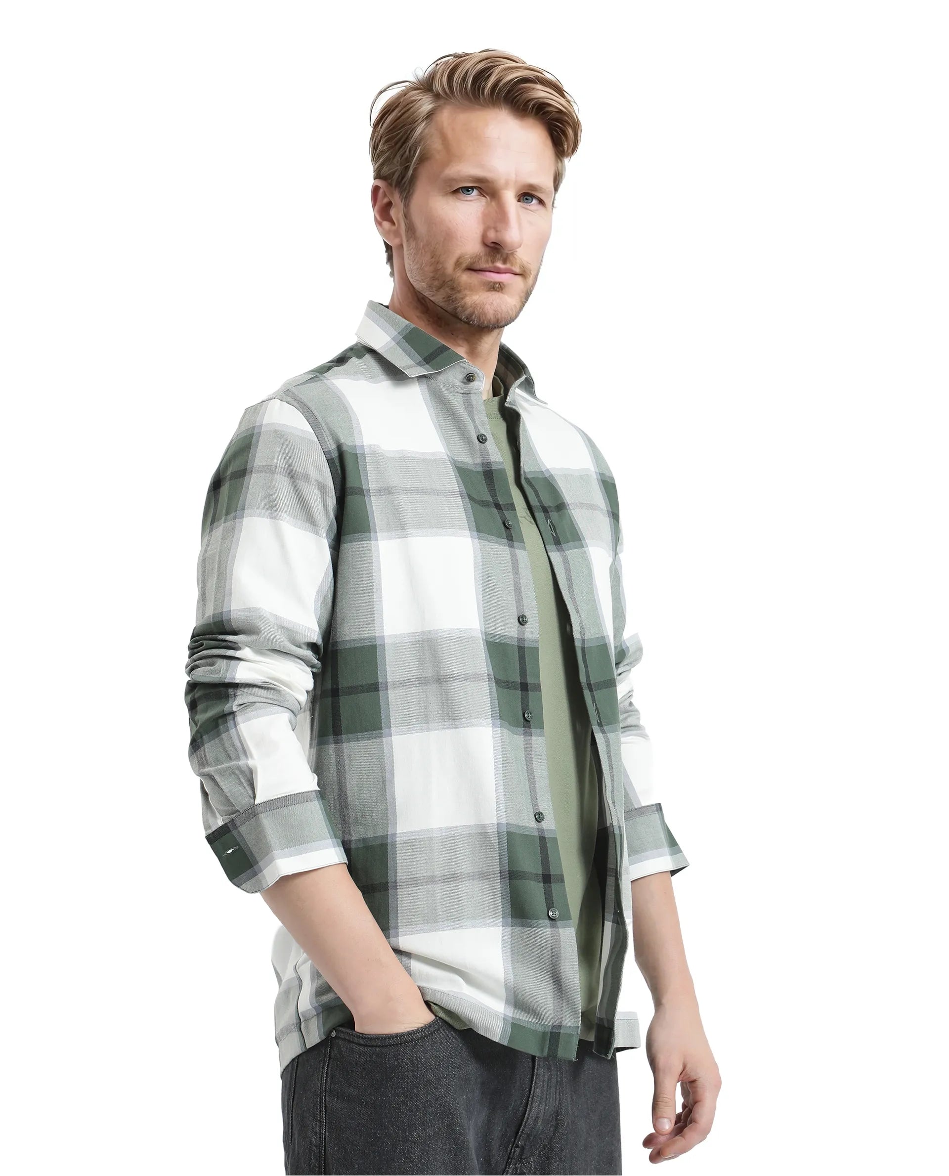 Rare Rabbit Men Rock Ford-2 Green Cotton Fabric Full Sleeve Regular Fit Graphic Backprint Checked Shirt