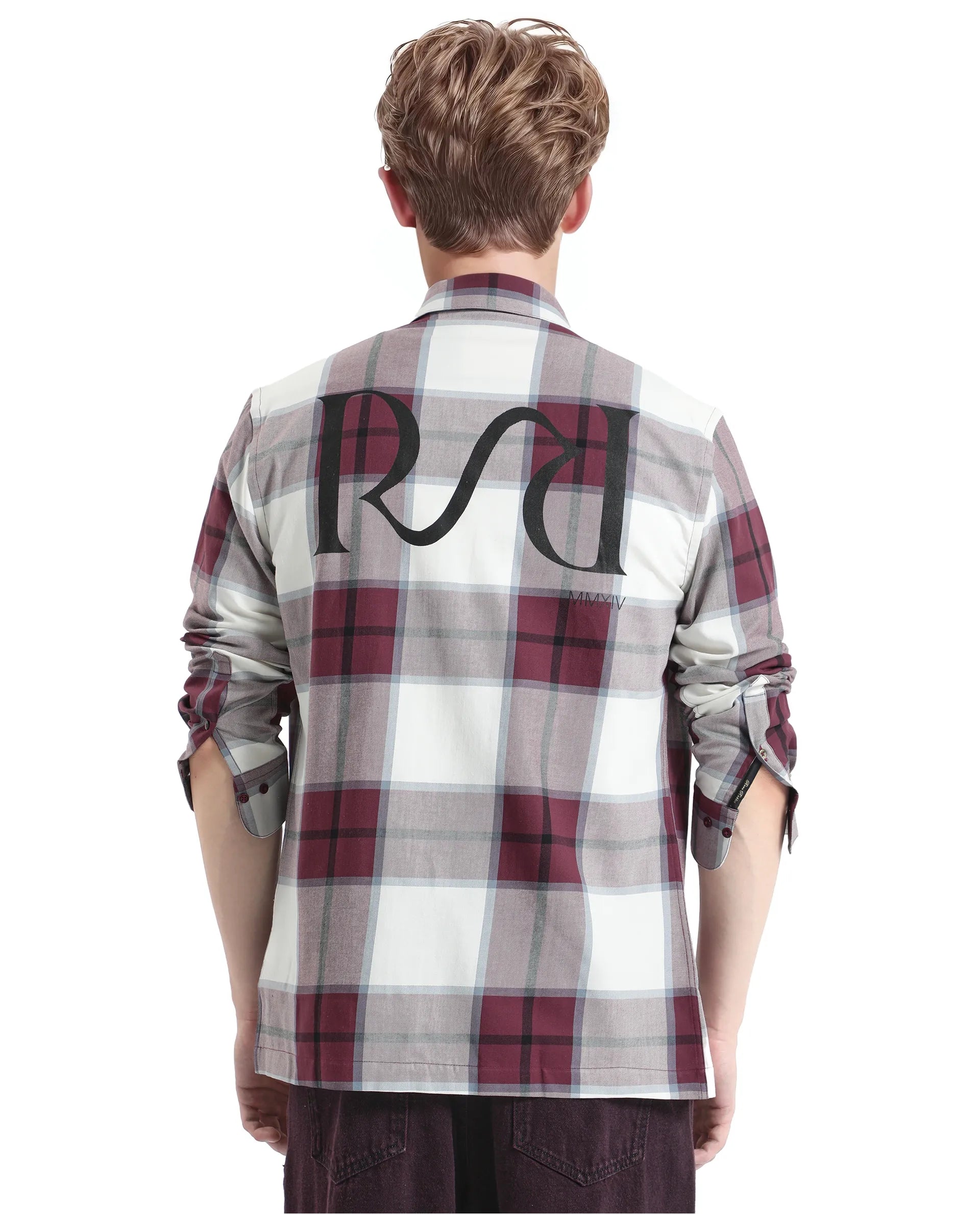 Rare Rabbit Men Rock Ford Maroon-2 Cotton Fabric Full Sleeve Regular Fit Graphic Backprint Checked Shirt