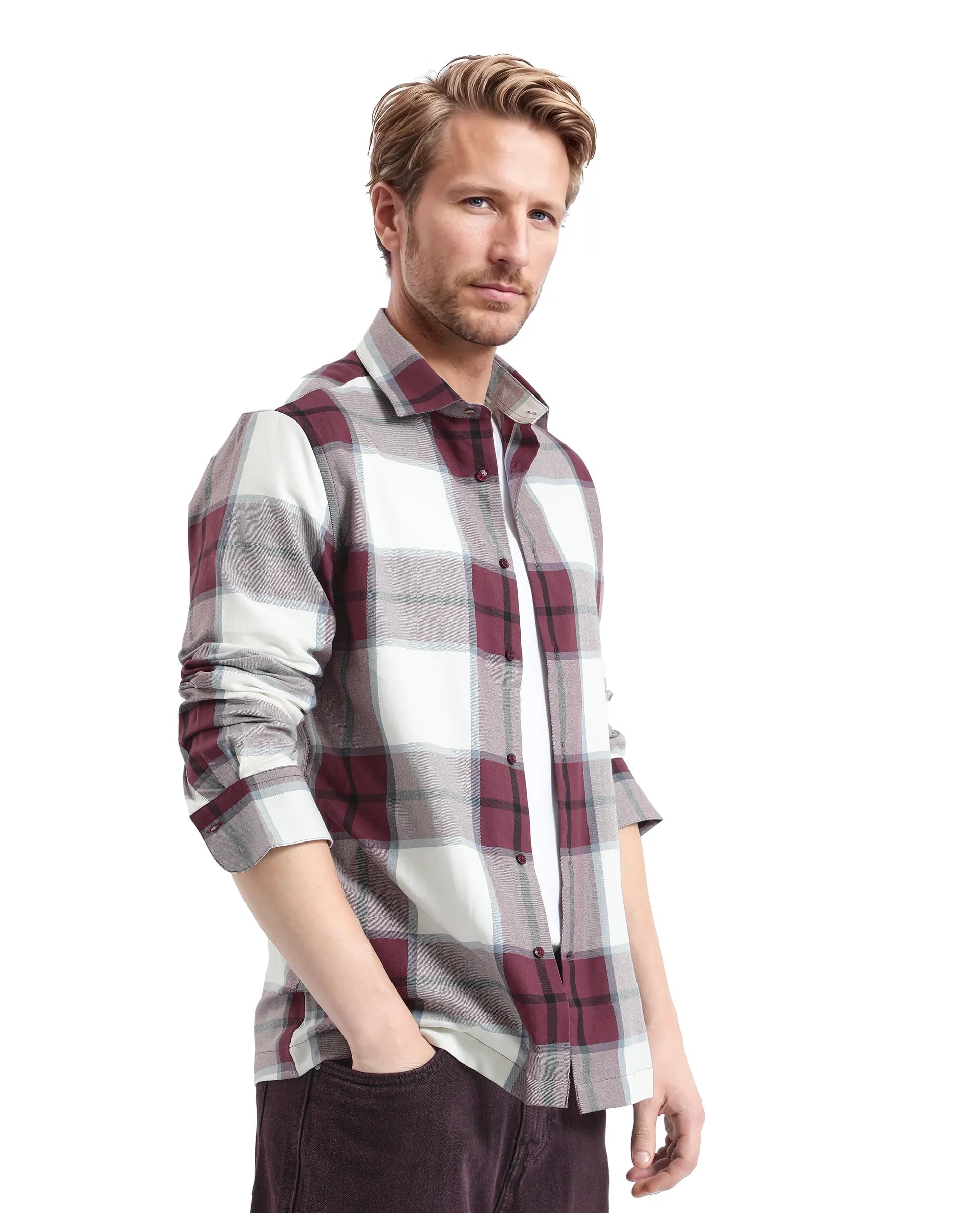 Rare Rabbit Men Rock Ford Maroon-2 Cotton Fabric Full Sleeve Regular Fit Graphic Backprint Checked Shirt