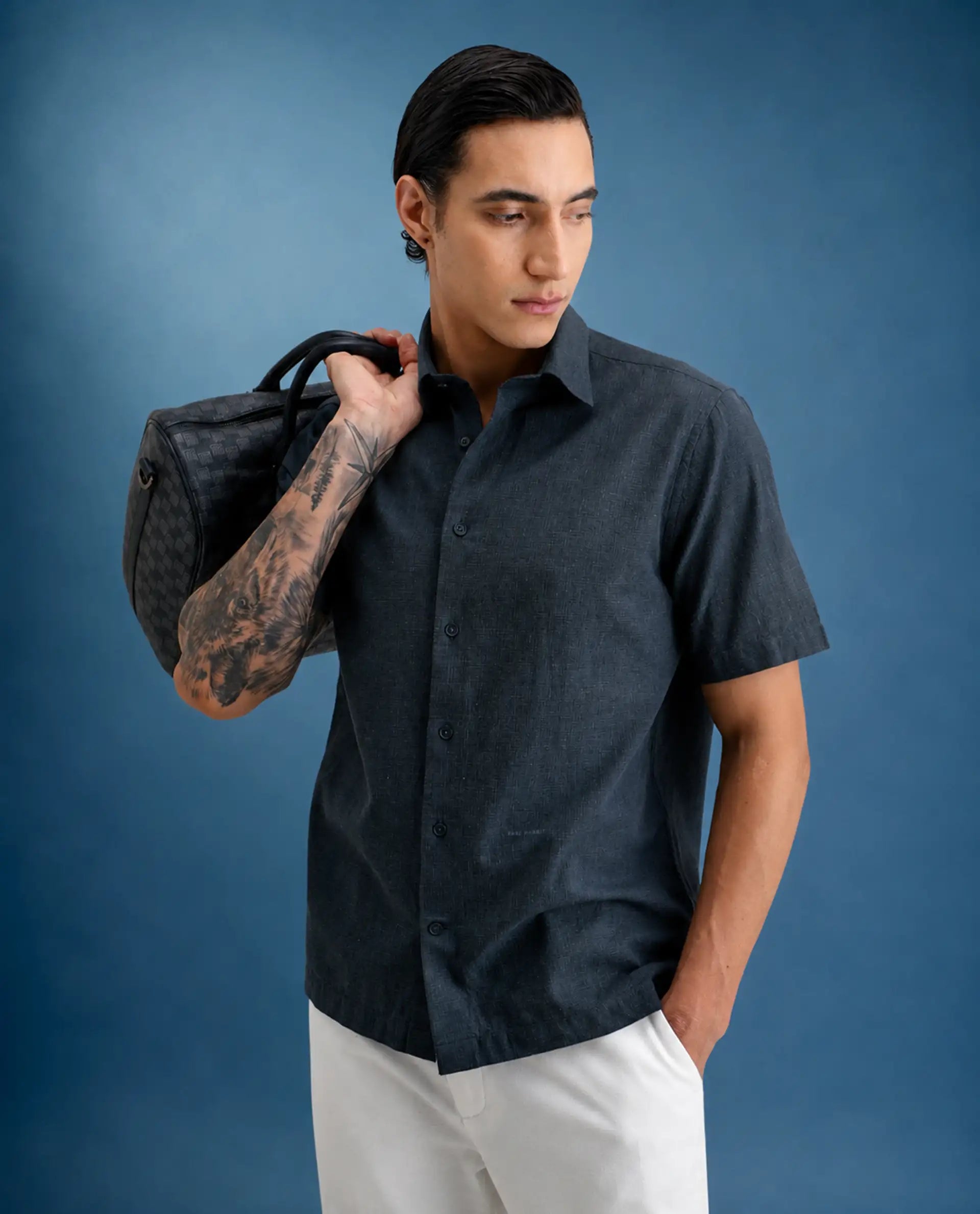Rare Rabbit Men's Rode Dark Blue Linen Blend Fabric Half Sleeve Spread Collar Regular Fit Plain Shirt